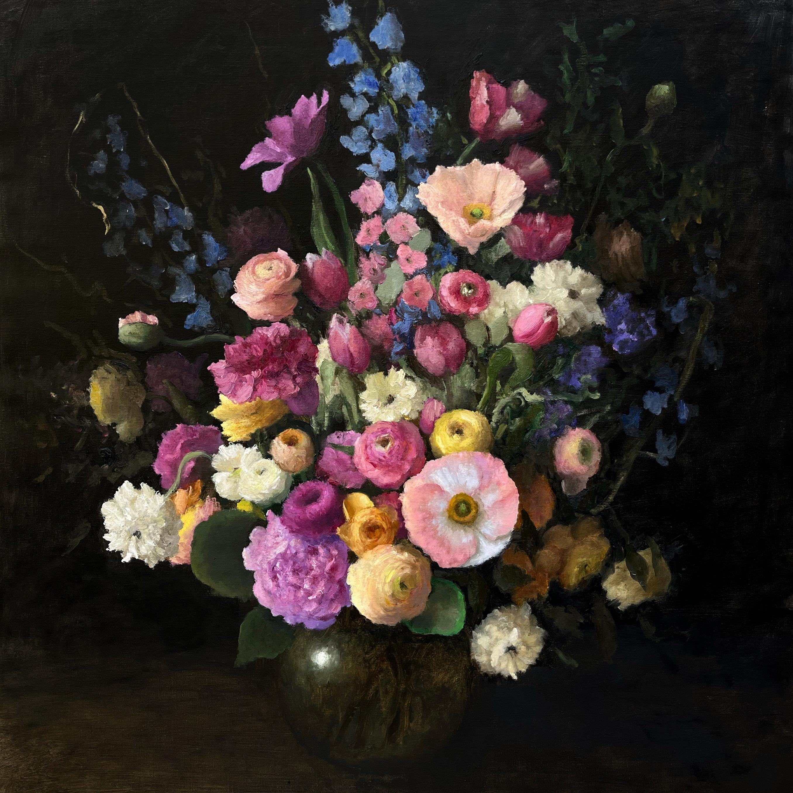 Still-Life Painting di James Zamora - Composizione floreale in vaso d'oro-Pittura originale impressionista di natura morta-Arte