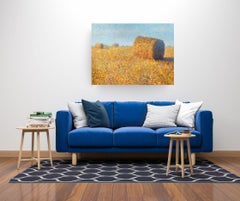 Balles de foin sur fond bleu - paysage impressionniste original - art contemporain