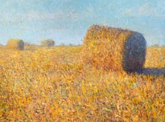 Pacas de heno contra el azul - paisaje impresionismo original - arte contemporáneo