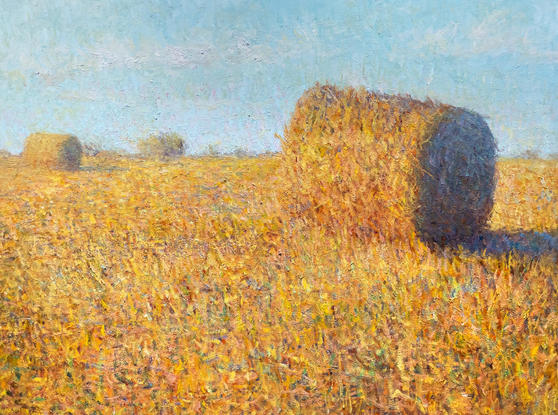 Hay Bales Against Blue - original impressionism landscape - contemporary art