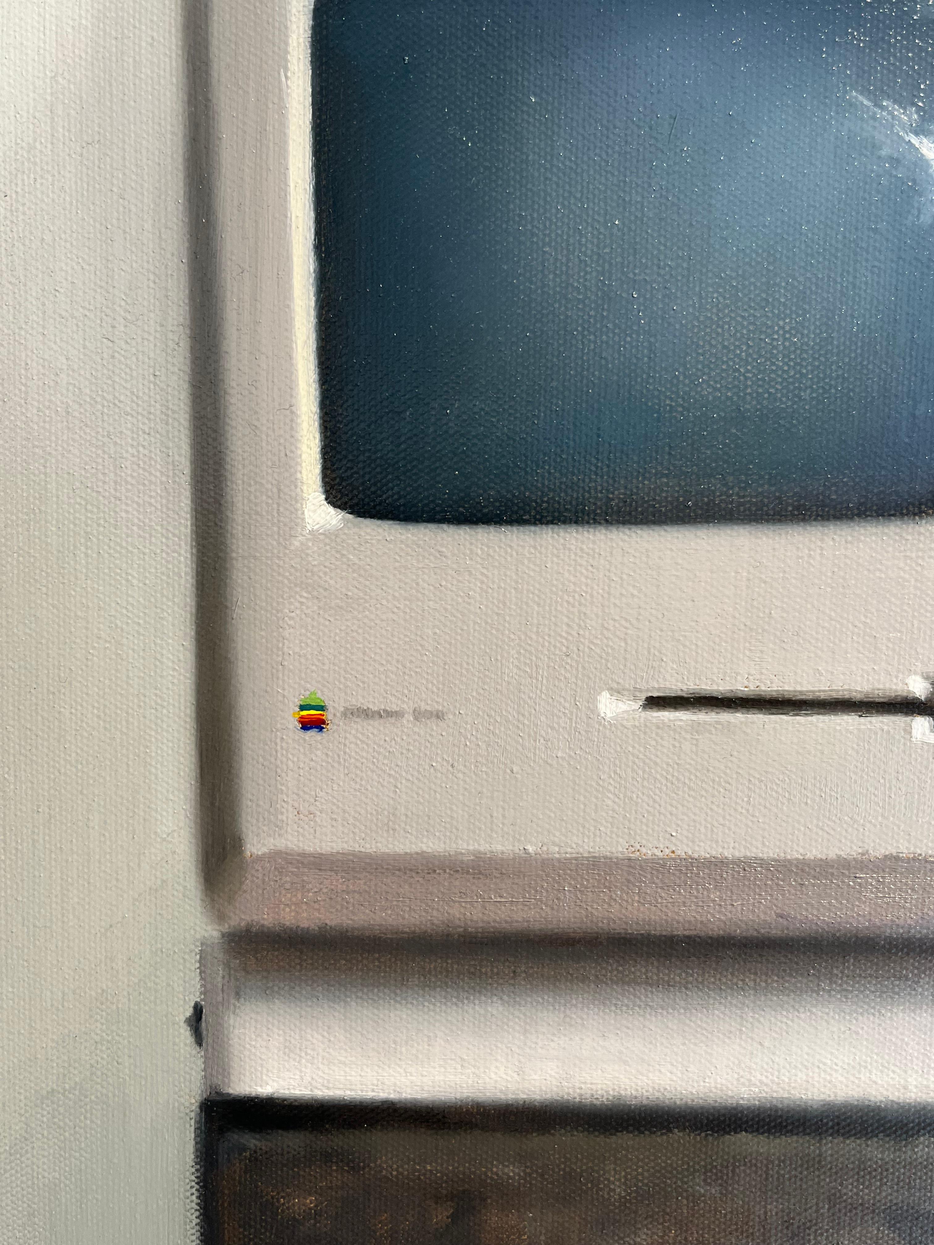 Mini Macintosh 2-original impressionism still life oil painting-contemporary Art - Gray Figurative Painting by James Zamora