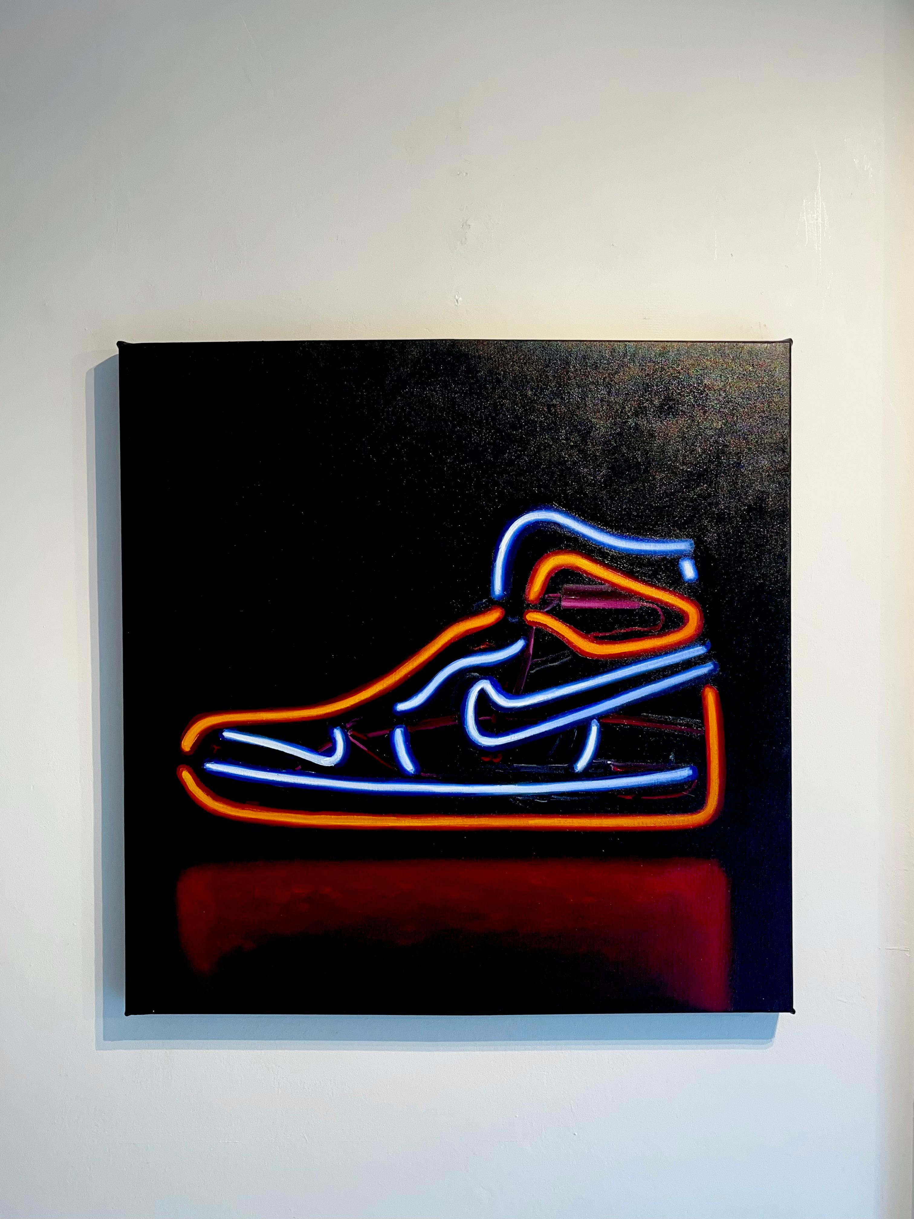 Neon Nike-original modern impressionism still life oil painting-contemporary Art - Photorealist Painting by James Zamora