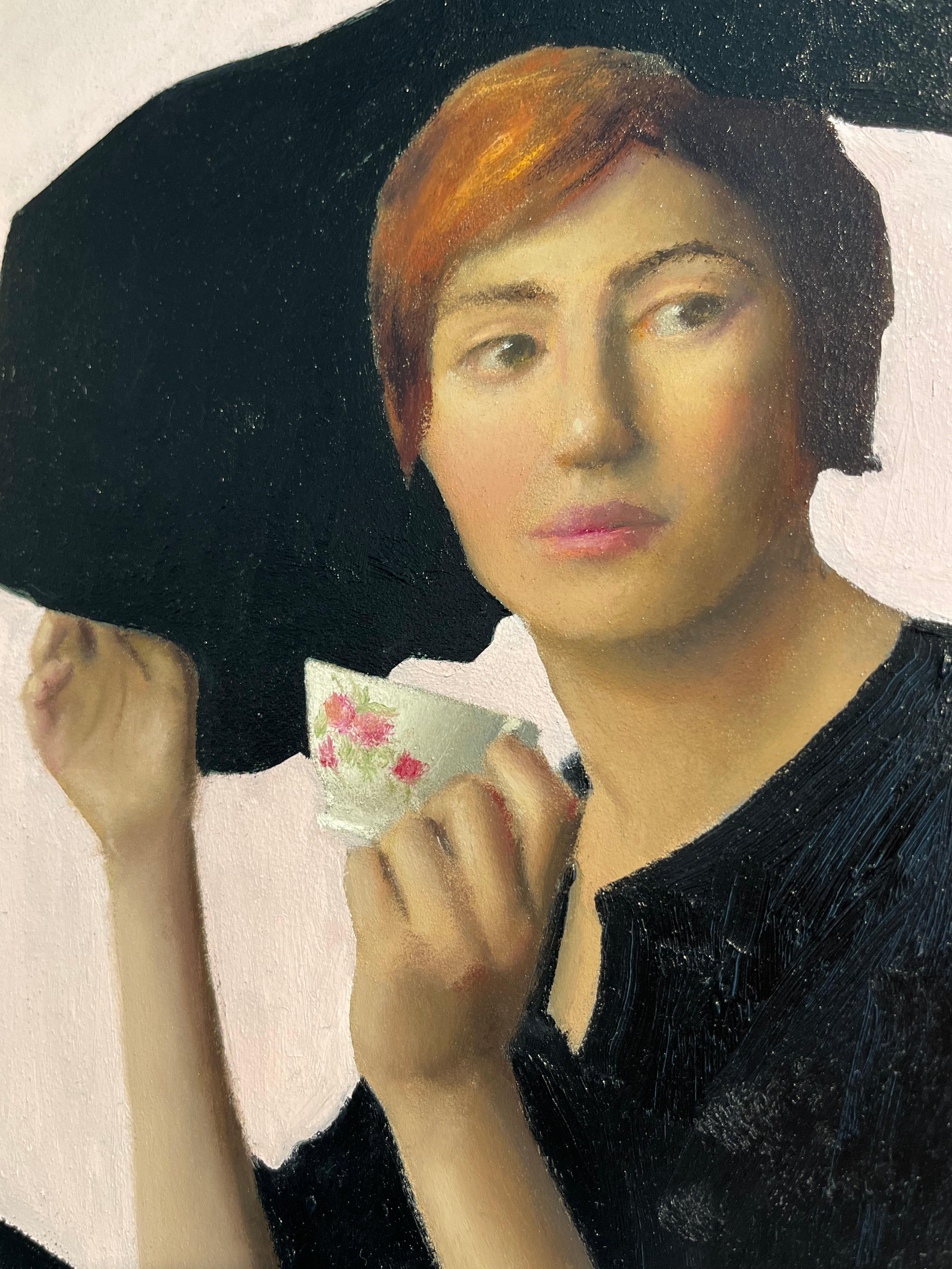 Serenità con tè - ritratto originale impressionista - arte contemporanea - Figurative Painting Grigio di James Zamora