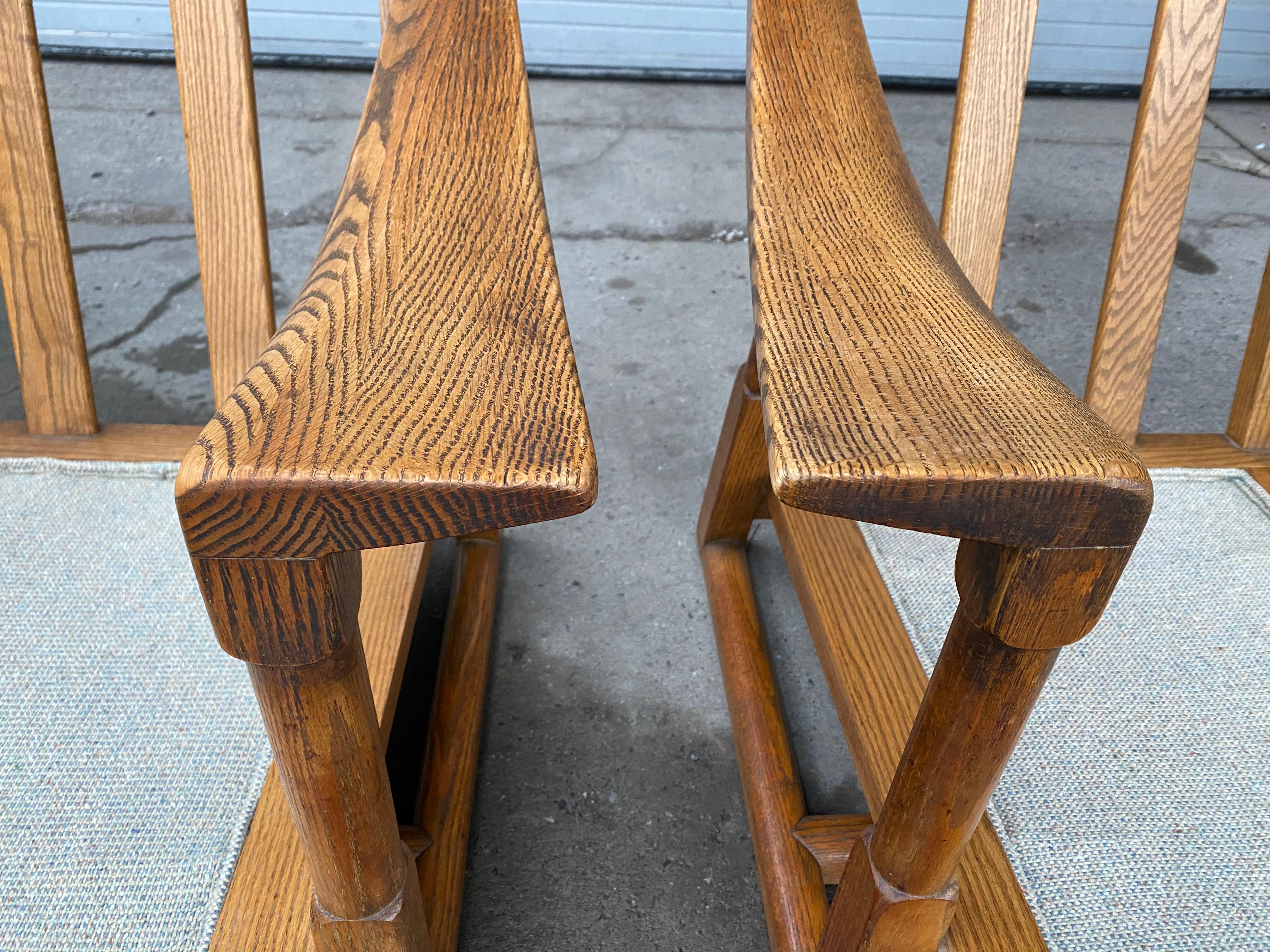 Seldom seen pair Jamestown lounge, paddle arm lounge chairs by Jack Van Der Molen, richly grained oak construction, wonderful original finish and patina, reupholstered at some point ?? My guess 15-20 years ago, extremely comfortable, Classic