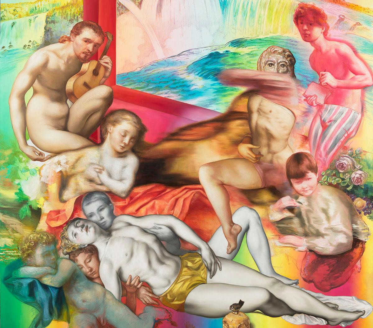 Jamie Adams Figurative Painting – Blondie Bubba and His Rainbow World