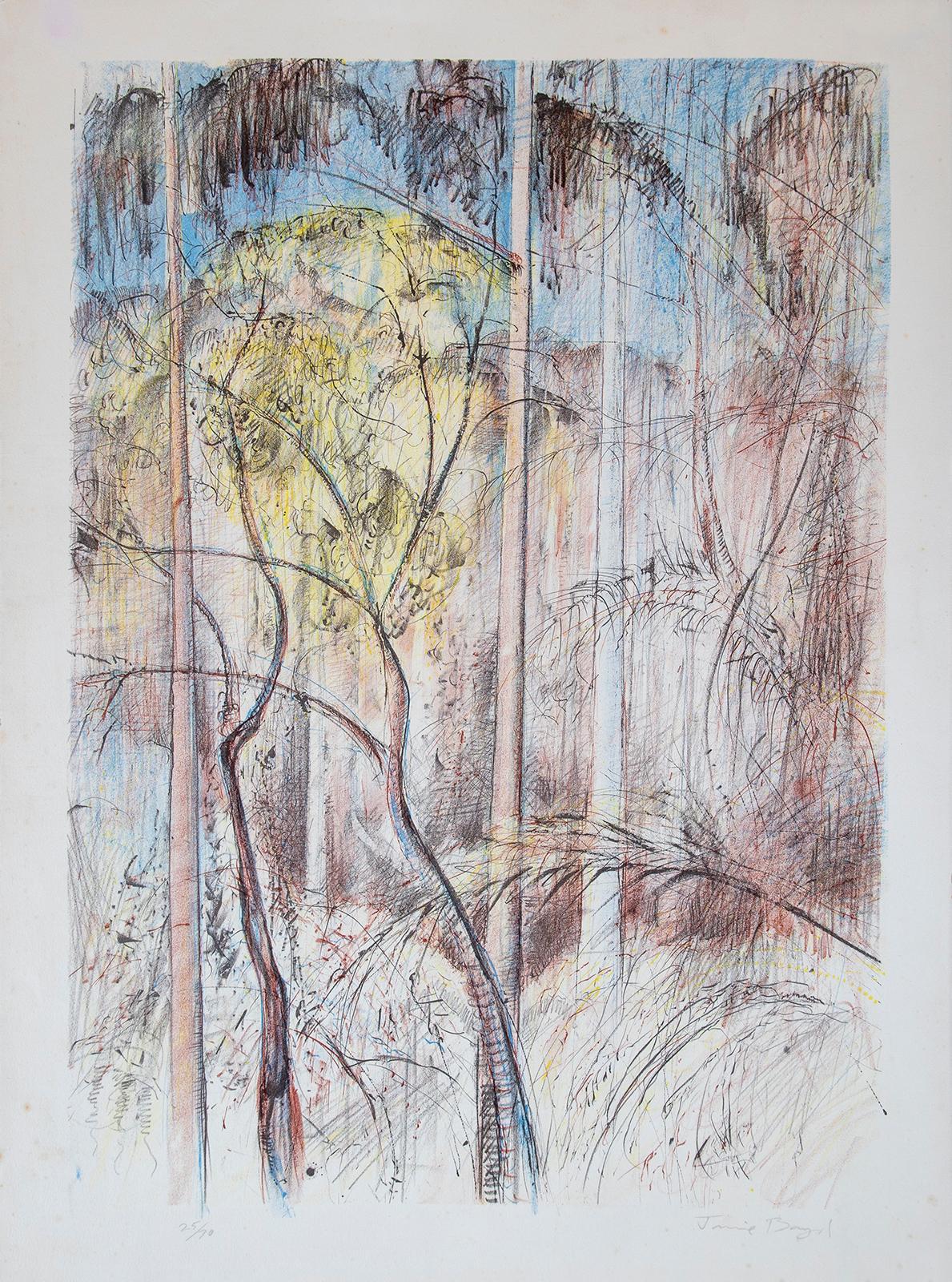 Bush scene with blue and yellow