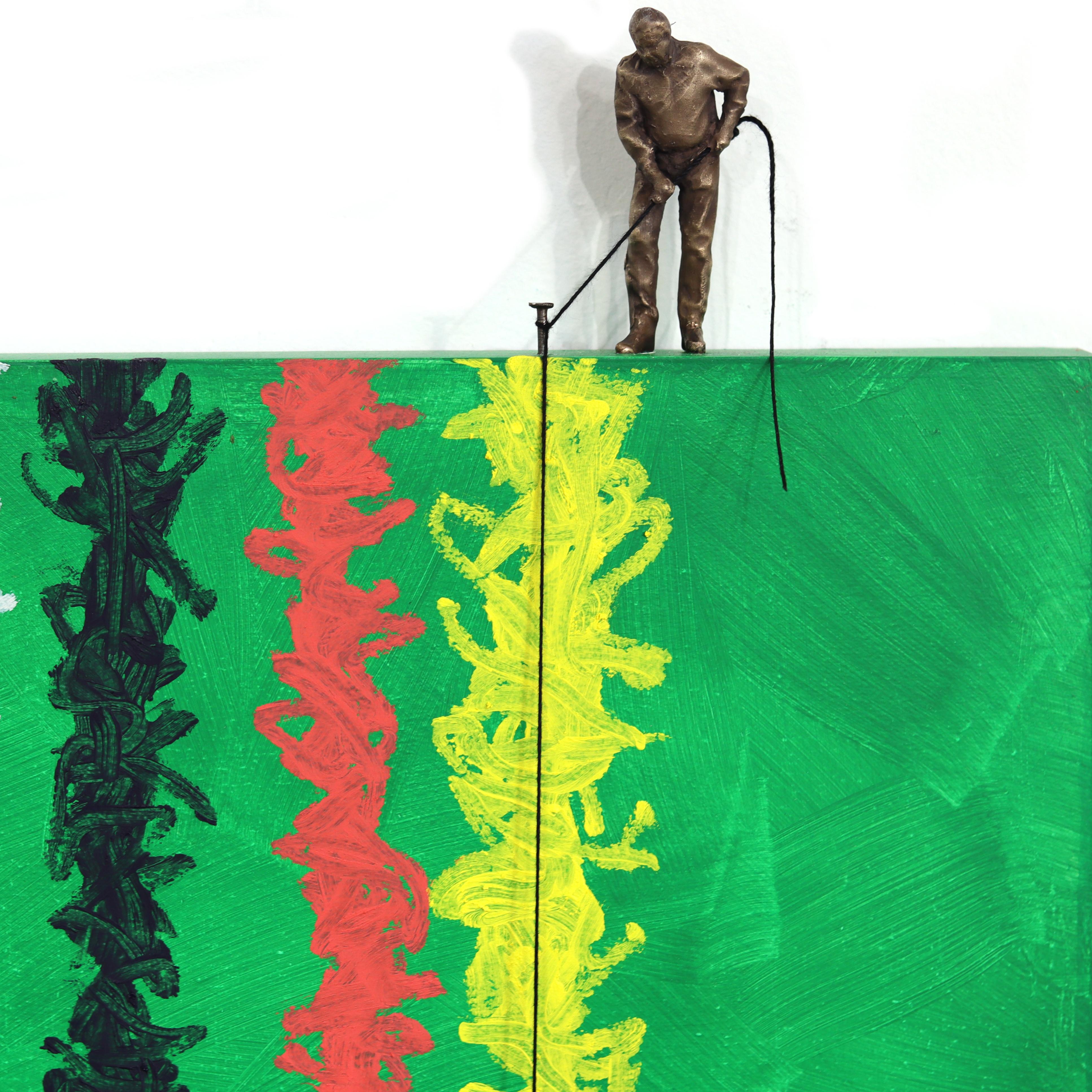 Green Stripes - Colorful Abstract Textured Figurative Sculptural Modern Artwork For Sale 1