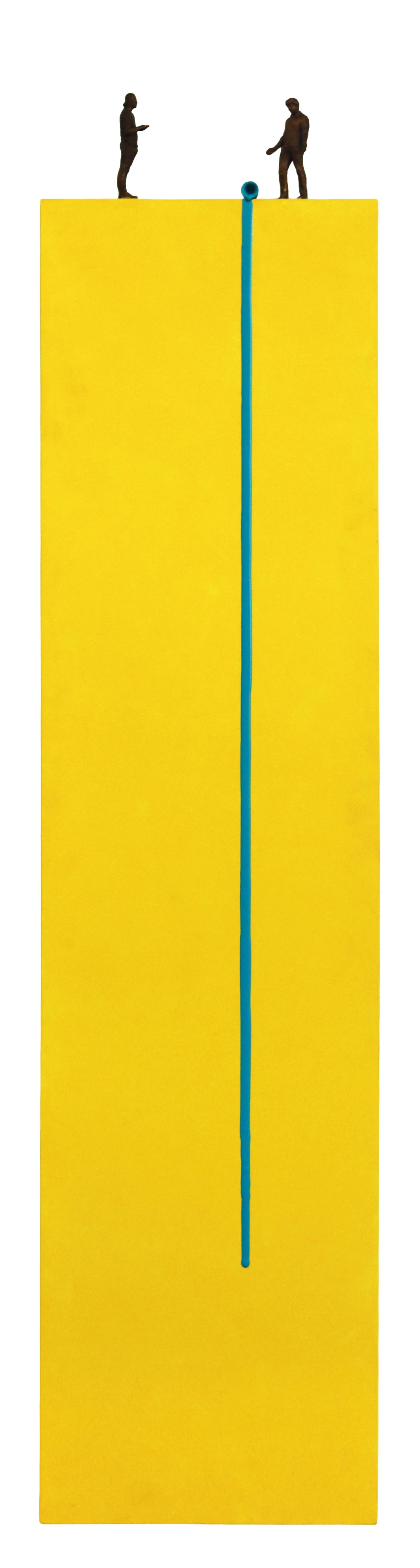 Jamie Burmeister Abstract Painting - Oh Shit! Teal Drip - Tall Modern Yellow Abstract Figurative Sculptural Artwork