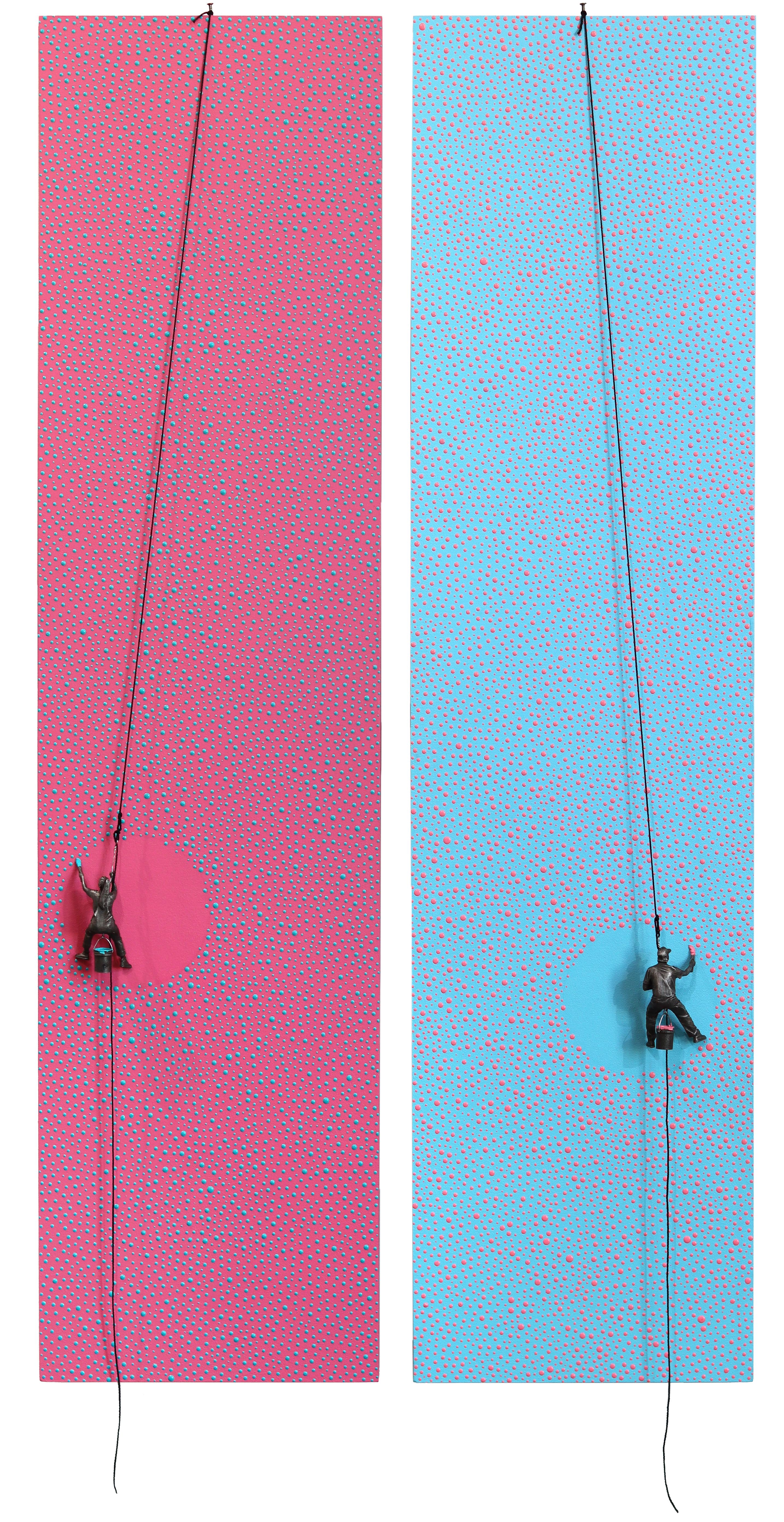 Pink and Blue Dots II - Contemporary Abstract Figurative Sculptural Diptych Art