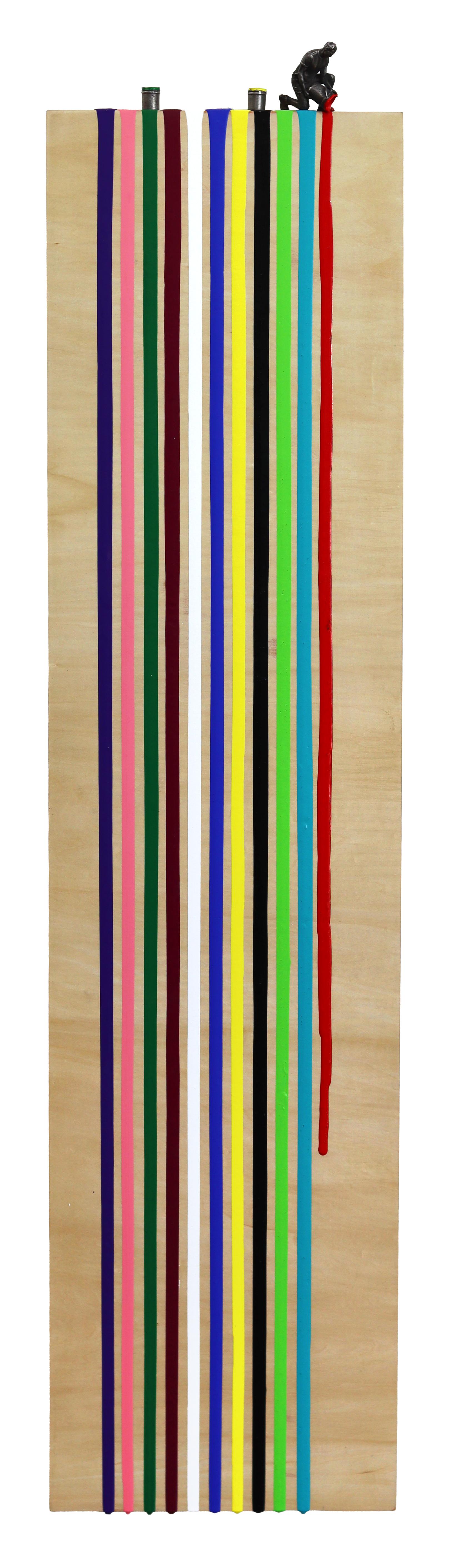 Jamie Burmeister Figurative Sculpture – „Wood Drip III“ – Zeitgenössisches, abstraktes, figuratives Skulpturkunstwerk im Regenbogenstil