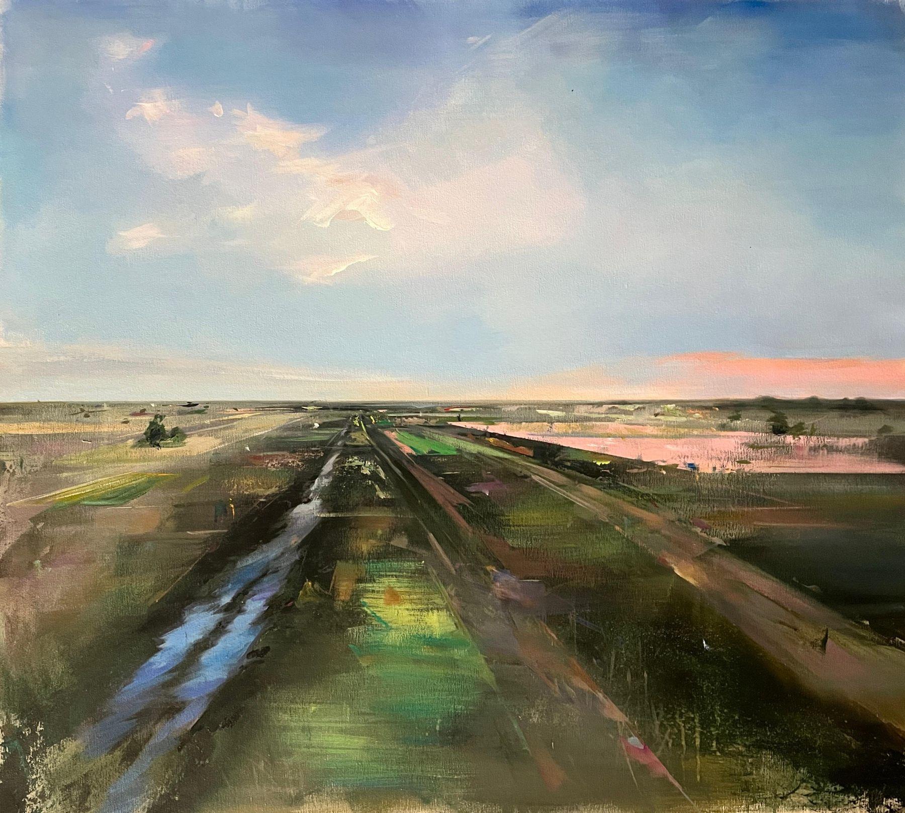 "Distant Horizon" is 38x42 oil painting on canvas by artist Jamie Crisol. Feature is an abstracted landscape aerial view of a rural field in greens, browns, and pinks. Leading lines giving the impression of well worn paths and irrigation lead the