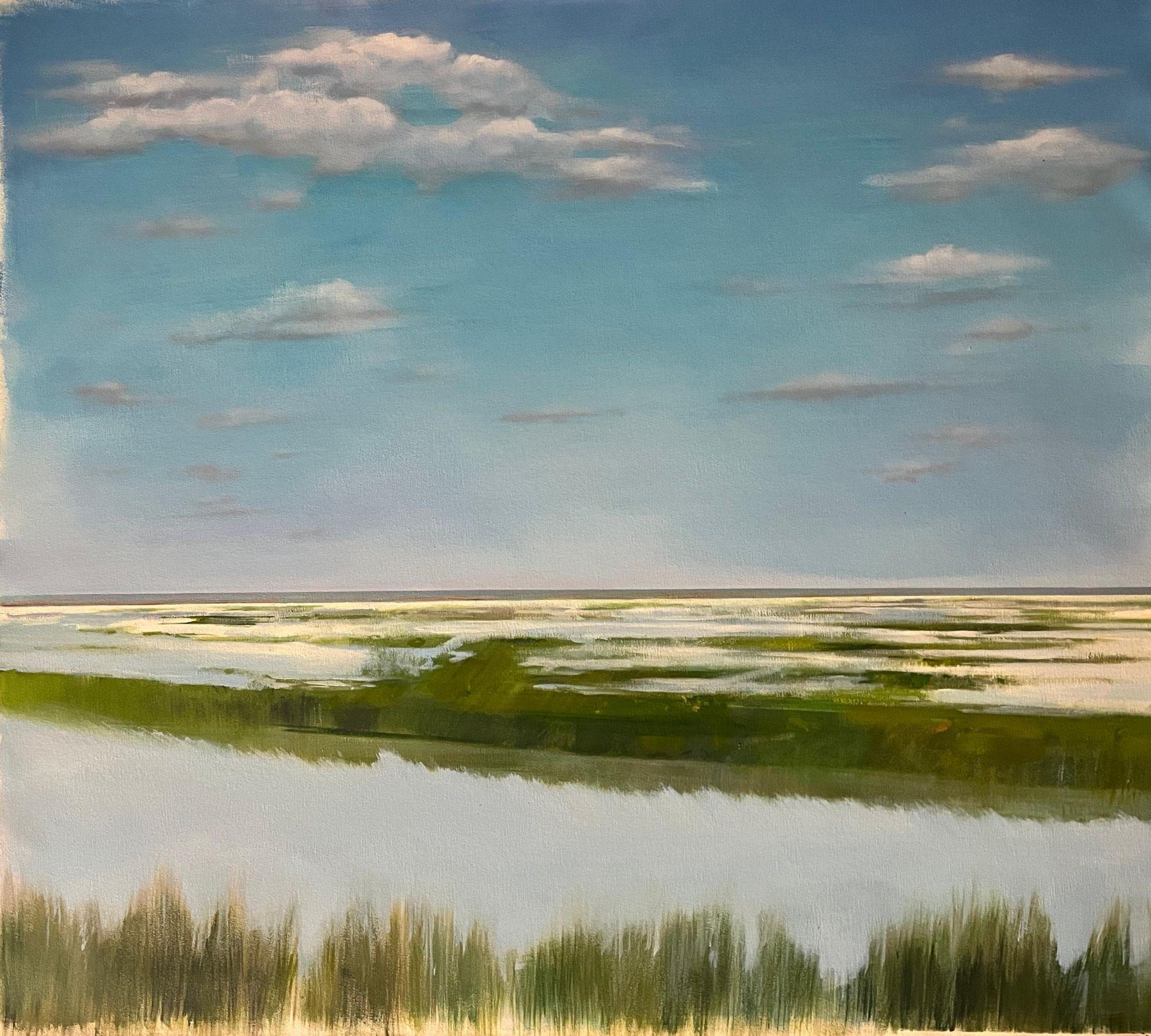 "Endless Sky" is 42x38 oil painting on canvas by artist Jamie Crisol. Feature is an abstracted landscape of a rural marshy landscape in greens, blues and tans. Horizontal lines of land and water create a composition of stacking lines that lead the