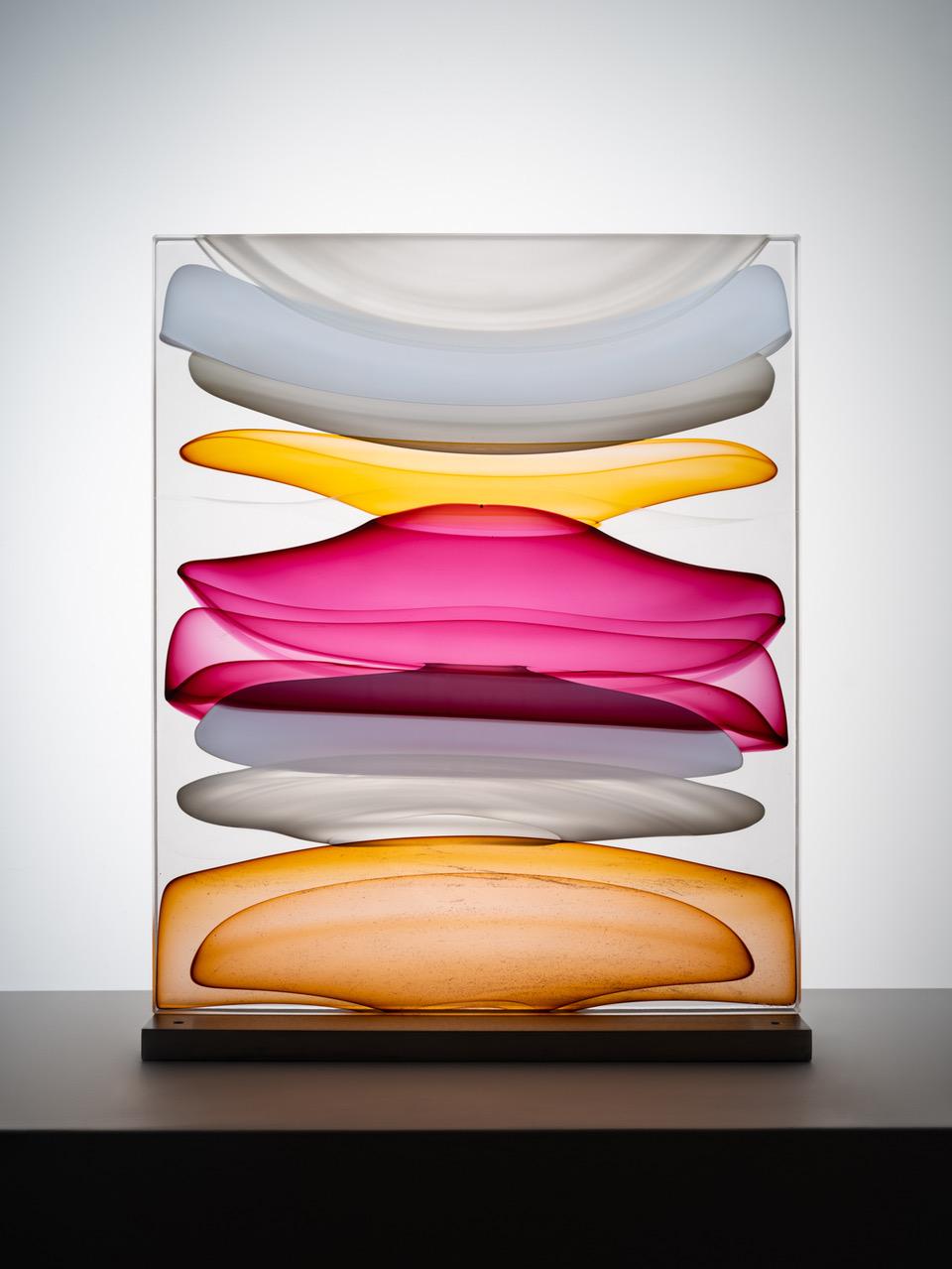 "Etherial Infusion Block in Ivory, White, Amber and Pinks", Glass, Steel - Sculpture by Jamie Harris
