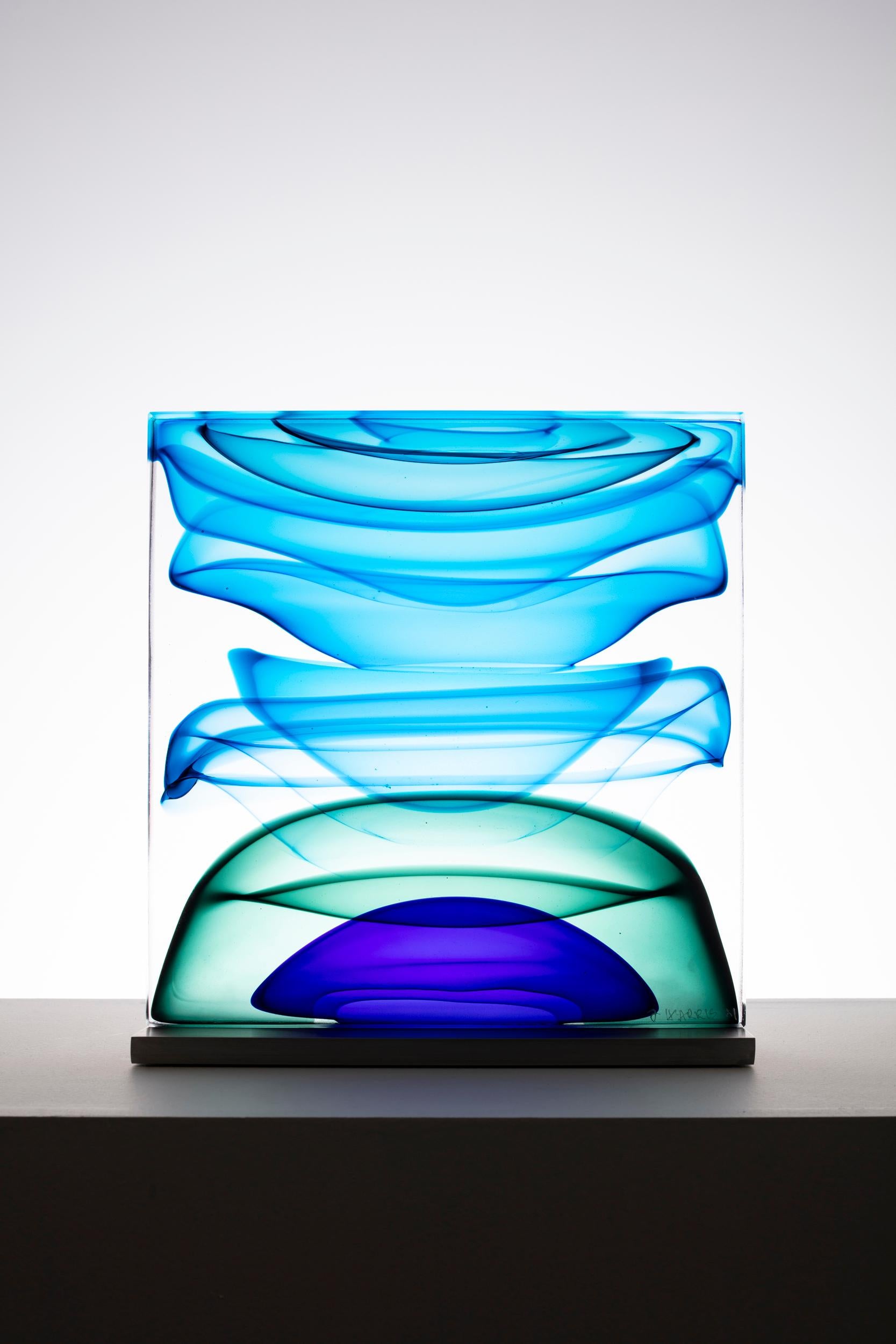 Jamie Harris Abstract Sculpture - "Infusion Block in Blues and Green", Contemporary, Glass, Sculpture, Steel Base