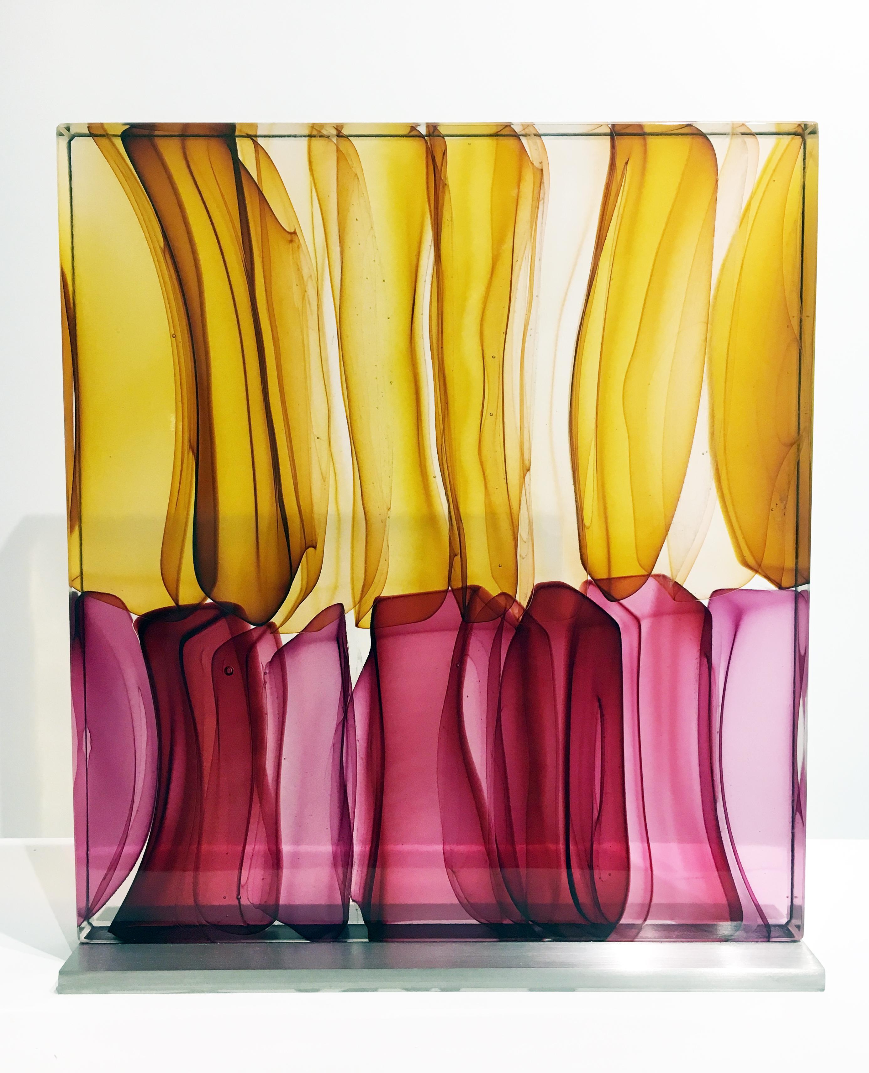 "Layered Infusion Block in Reds and Golds", Blown, Cast, Glass, Contemporary - Sculpture by Jamie Harris