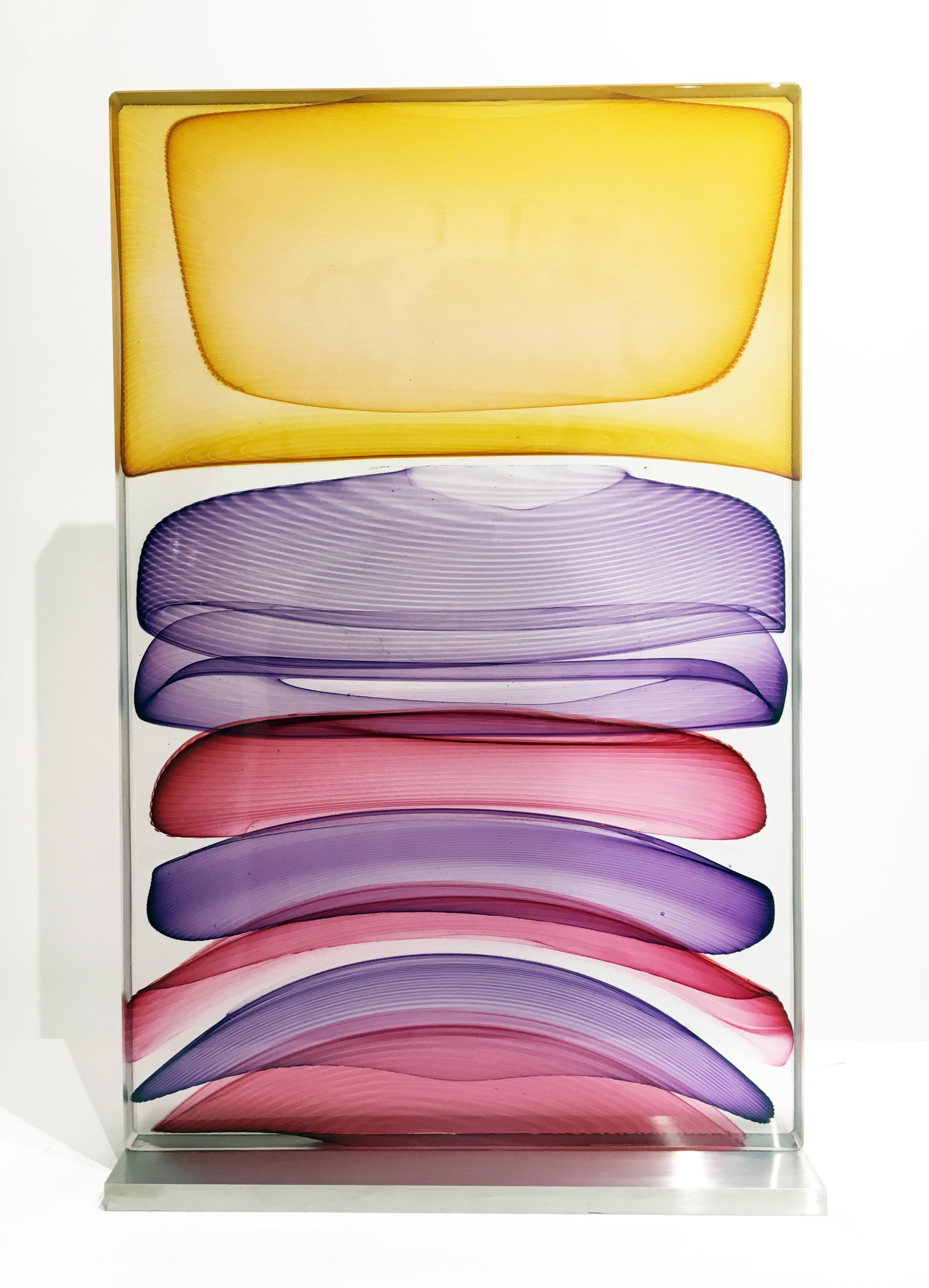 Jamie Harris Abstract Sculpture - "Threaded Infusion Block in Gold, Purple and Red", Blown and Kiln Cast Glass
