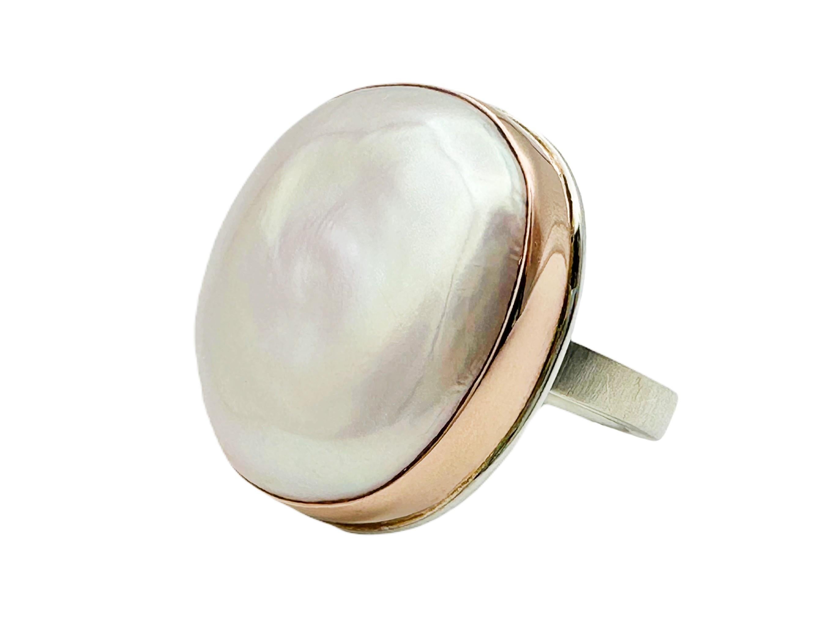 Artisan Jamie Joseph Pink Pearl 14K Rose Gold Sterling Silver Statement Ring Size 6.75 For Sale
