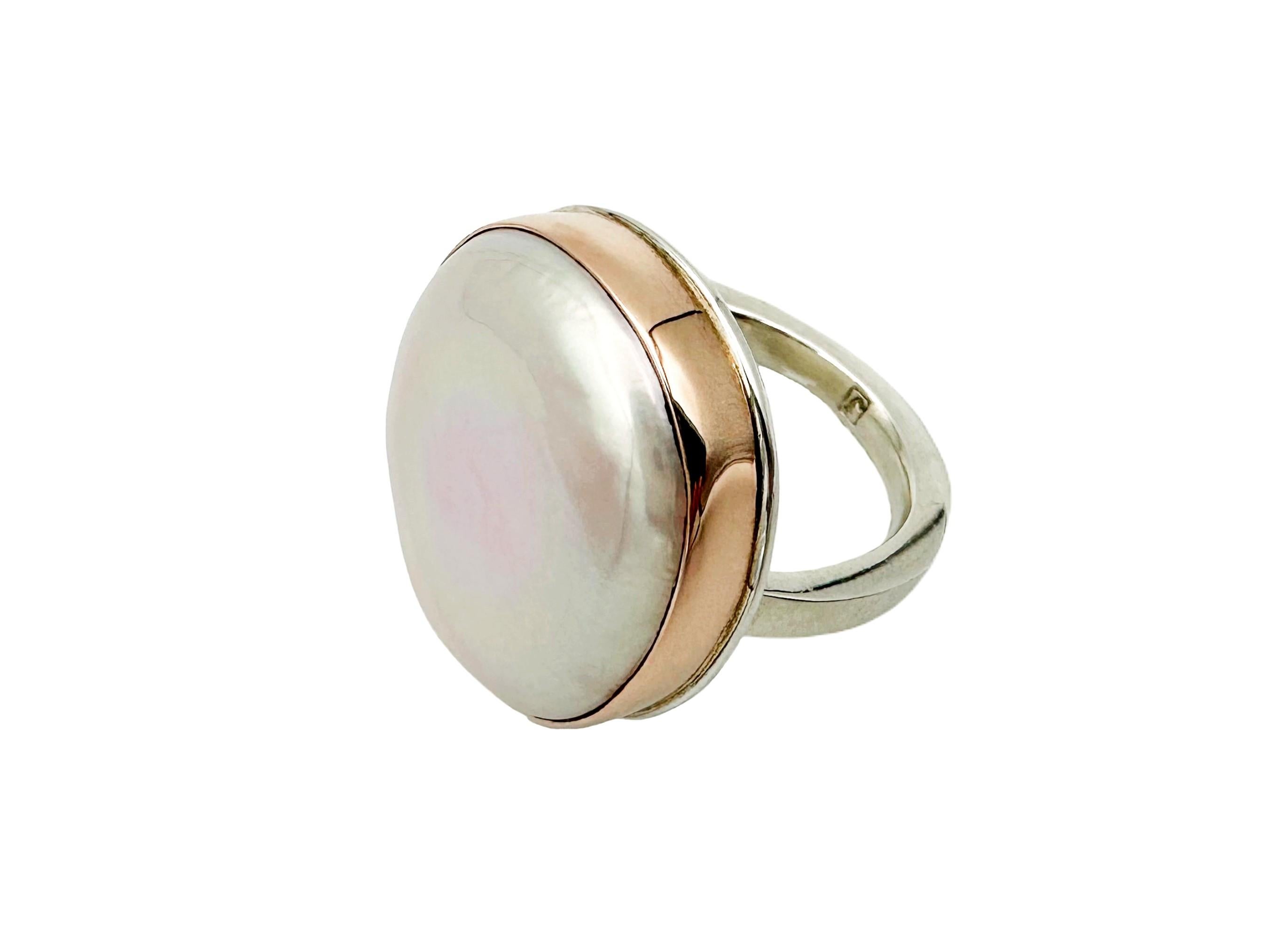 Uncut Jamie Joseph Pink Pearl 14K Rose Gold Sterling Silver Statement Ring Size 6.75 For Sale