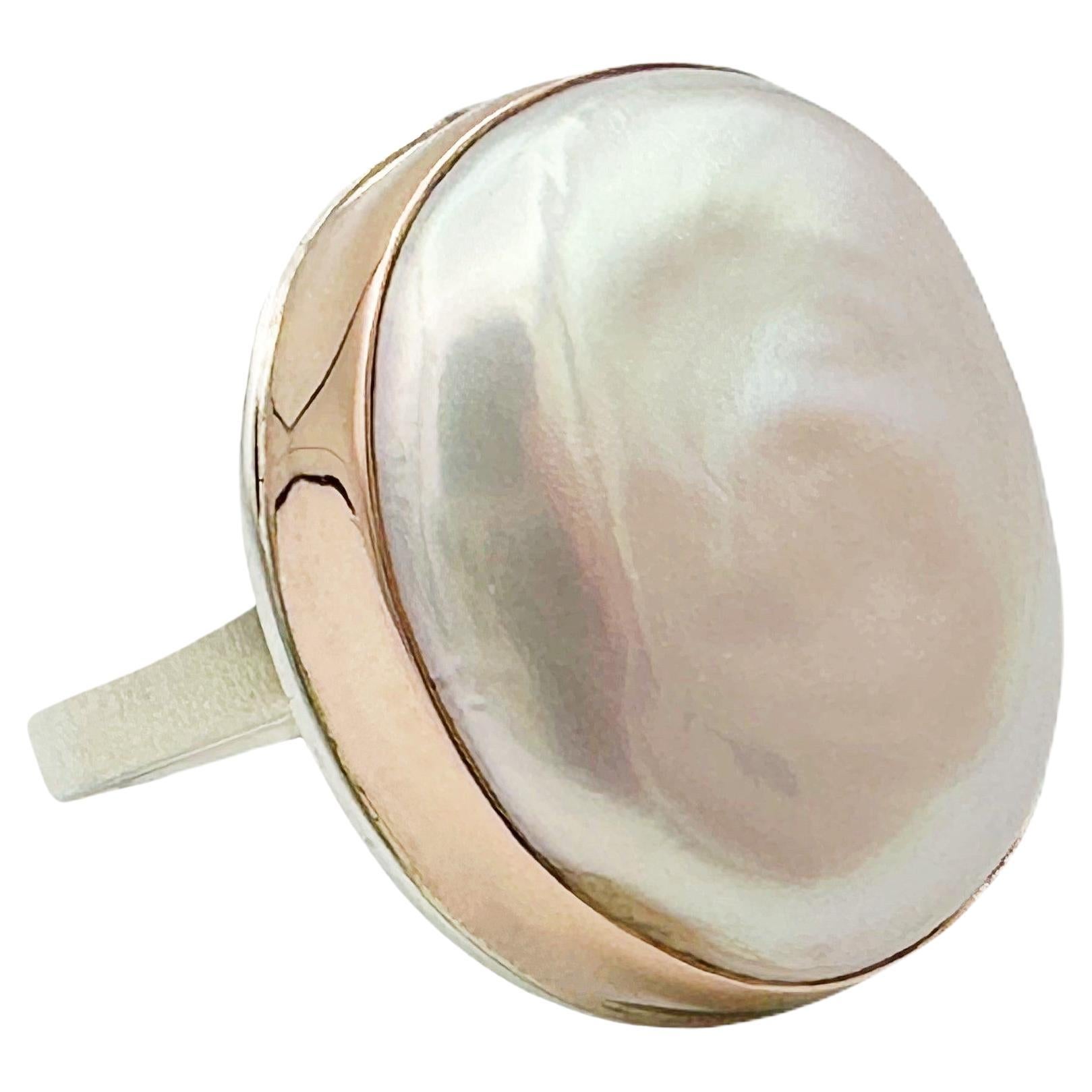 Jamie Joseph Pink Pearl 14K Rose Gold Sterling Silver Statement Ring Size 6.75 For Sale