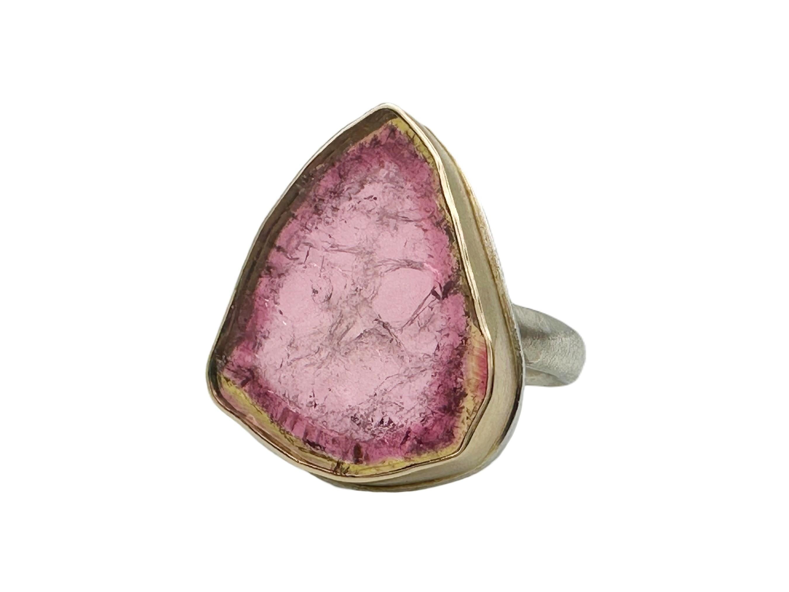 Jamie Joseph 14K Gelbgold Silberring mit rosa Wassermelon-Turmalin-Schliff (Kunsthandwerker*in)