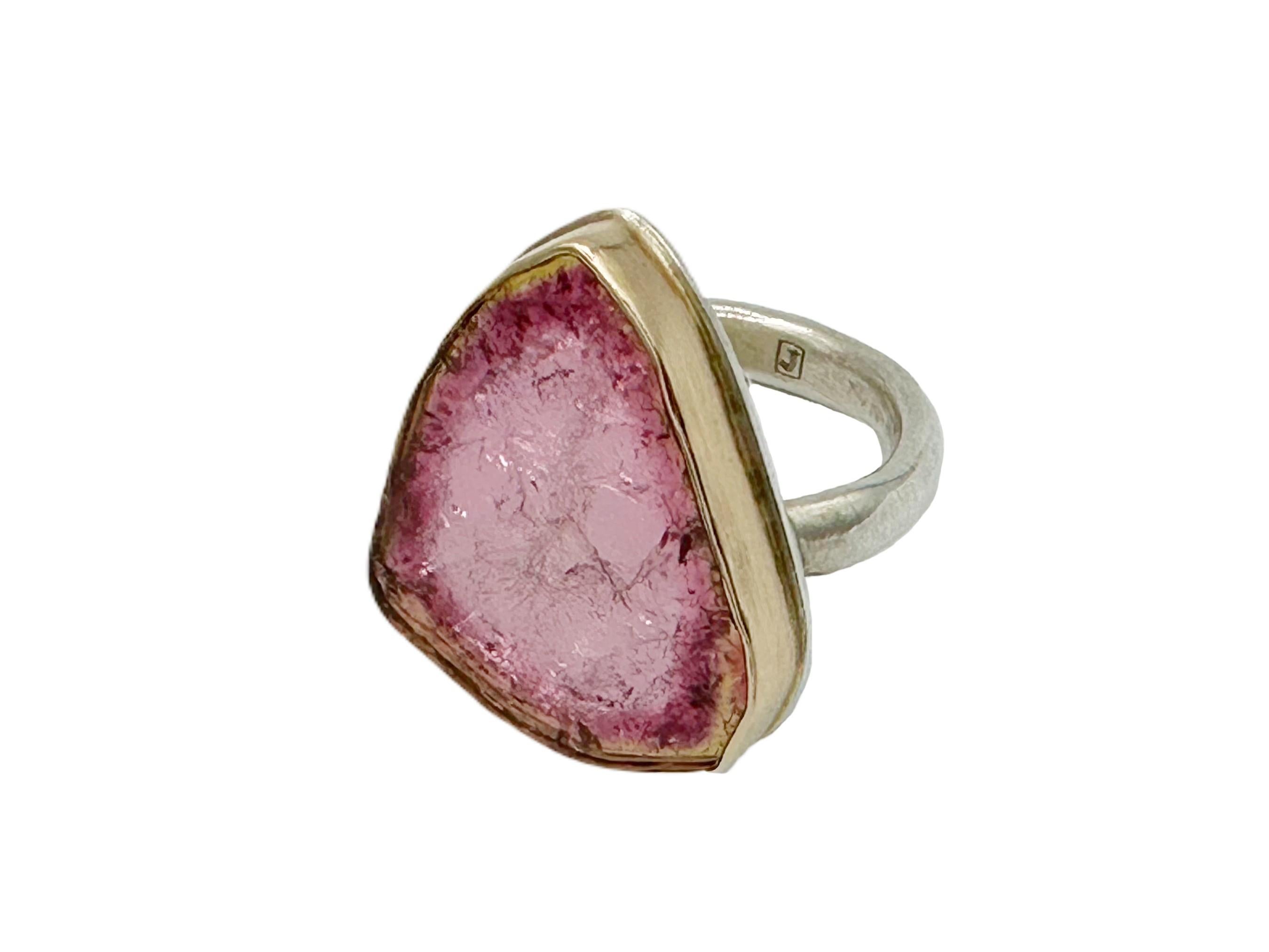 Jamie Joseph 14K Gelbgold Silberring mit rosa Wassermelon-Turmalin-Schliff im Zustand „Hervorragend“ in North Attleboro, MA