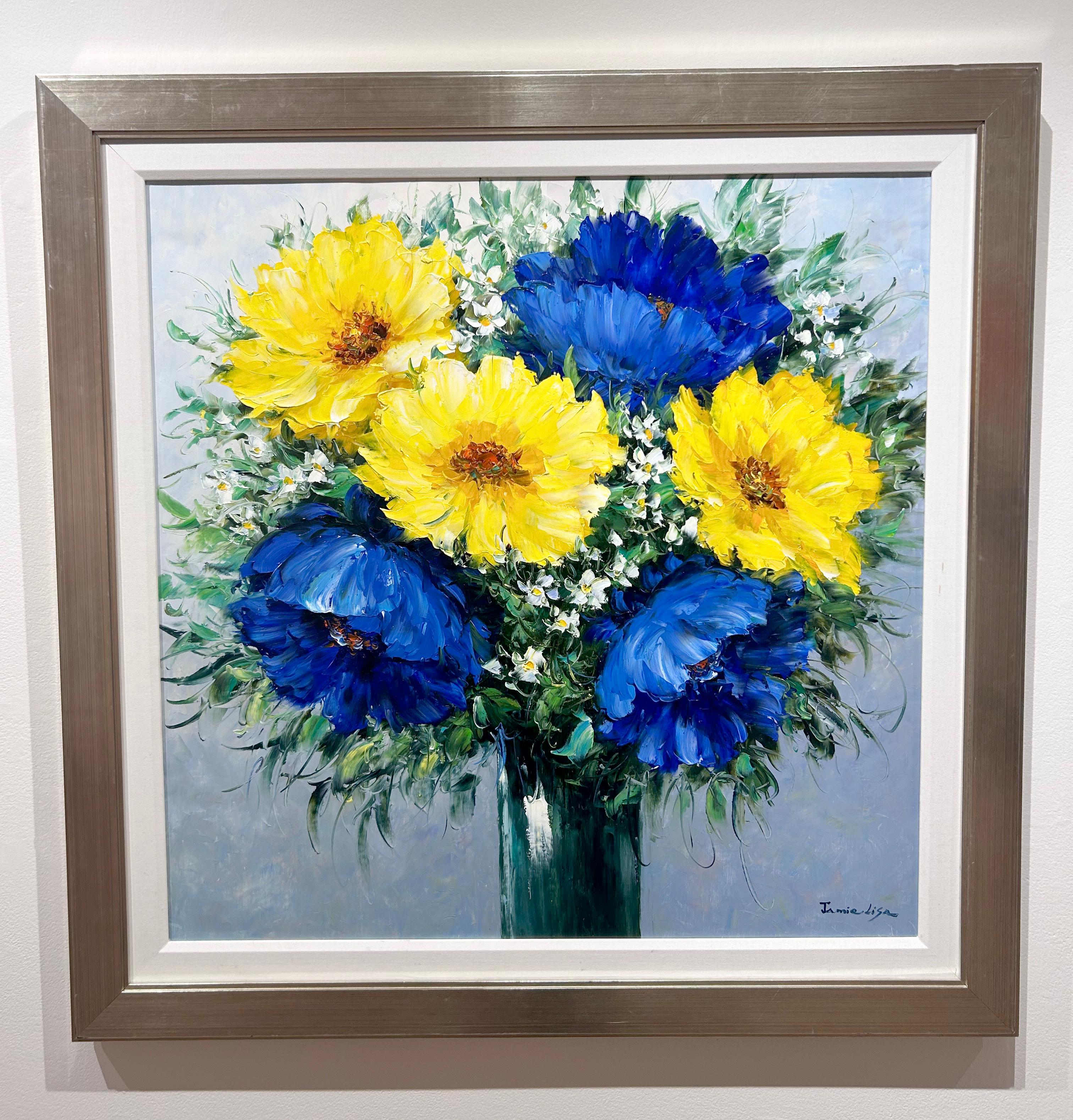 Jamie Lisa, « Blue and Yellow Poppies », peinture à l'huile impressionniste à fleurs 36x36  en vente 1