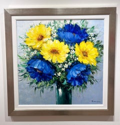 Jamie Lisa, « Blue and Yellow Poppies », peinture à l'huile impressionniste à fleurs 36x36