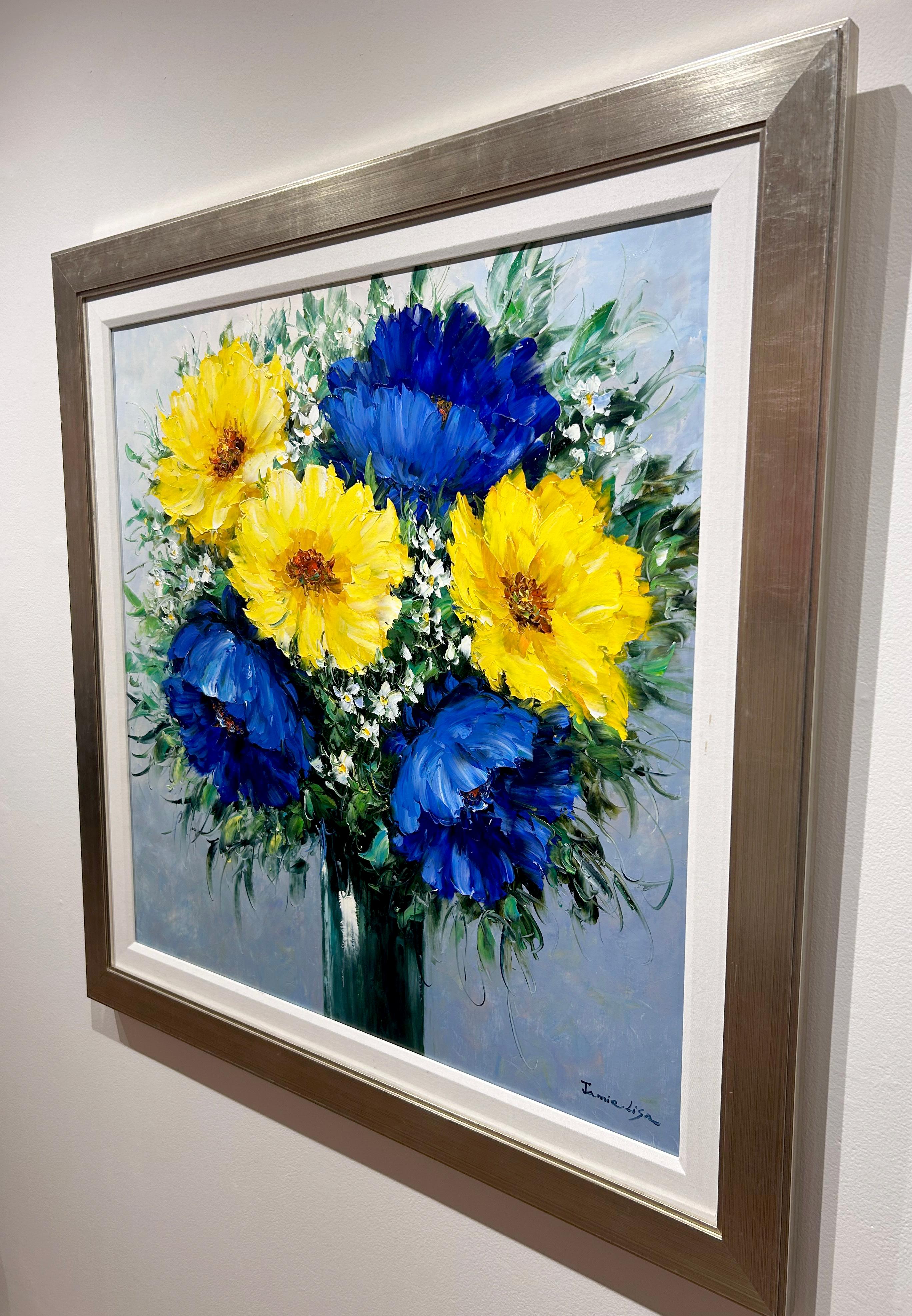 Jamie Lisa, « Blue and Yellow Poppies », peinture à l'huile impressionniste à fleurs 36x36  en vente 2