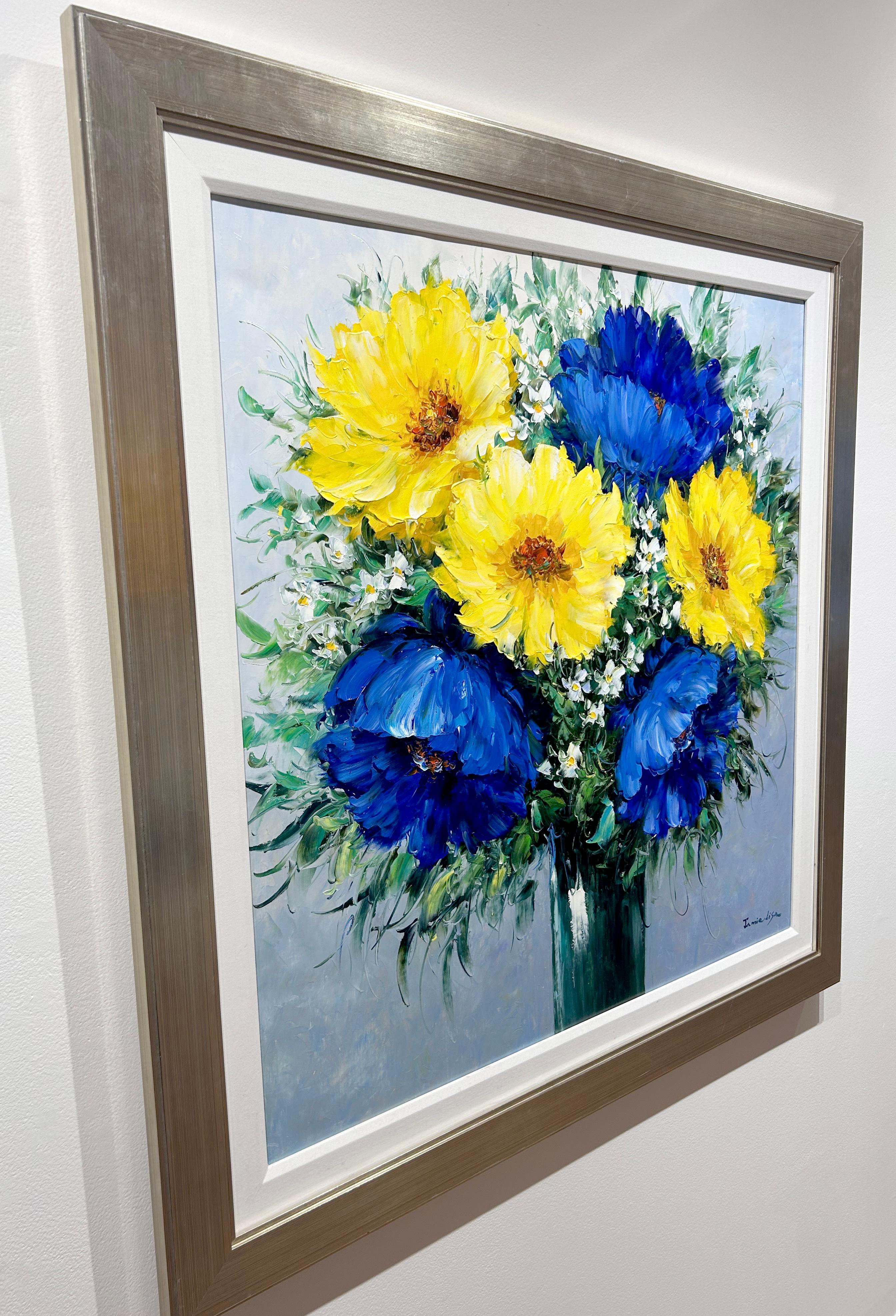 Jamie Lisa, « Blue and Yellow Poppies », peinture à l'huile impressionniste à fleurs 36x36  en vente 3