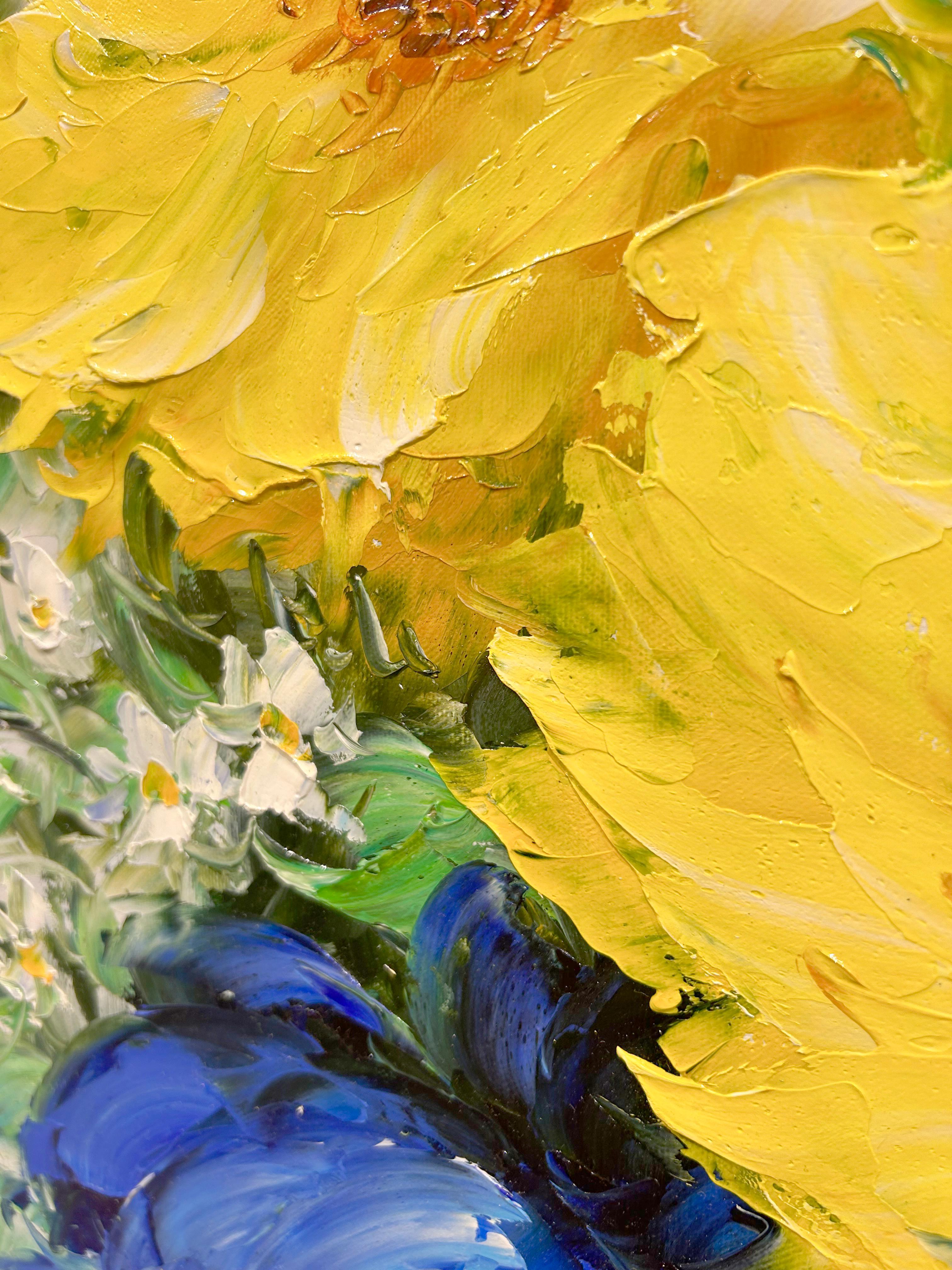 Jamie Lisa, « Blue and Yellow Poppies », peinture à l'huile impressionniste à fleurs 36x36  en vente 4