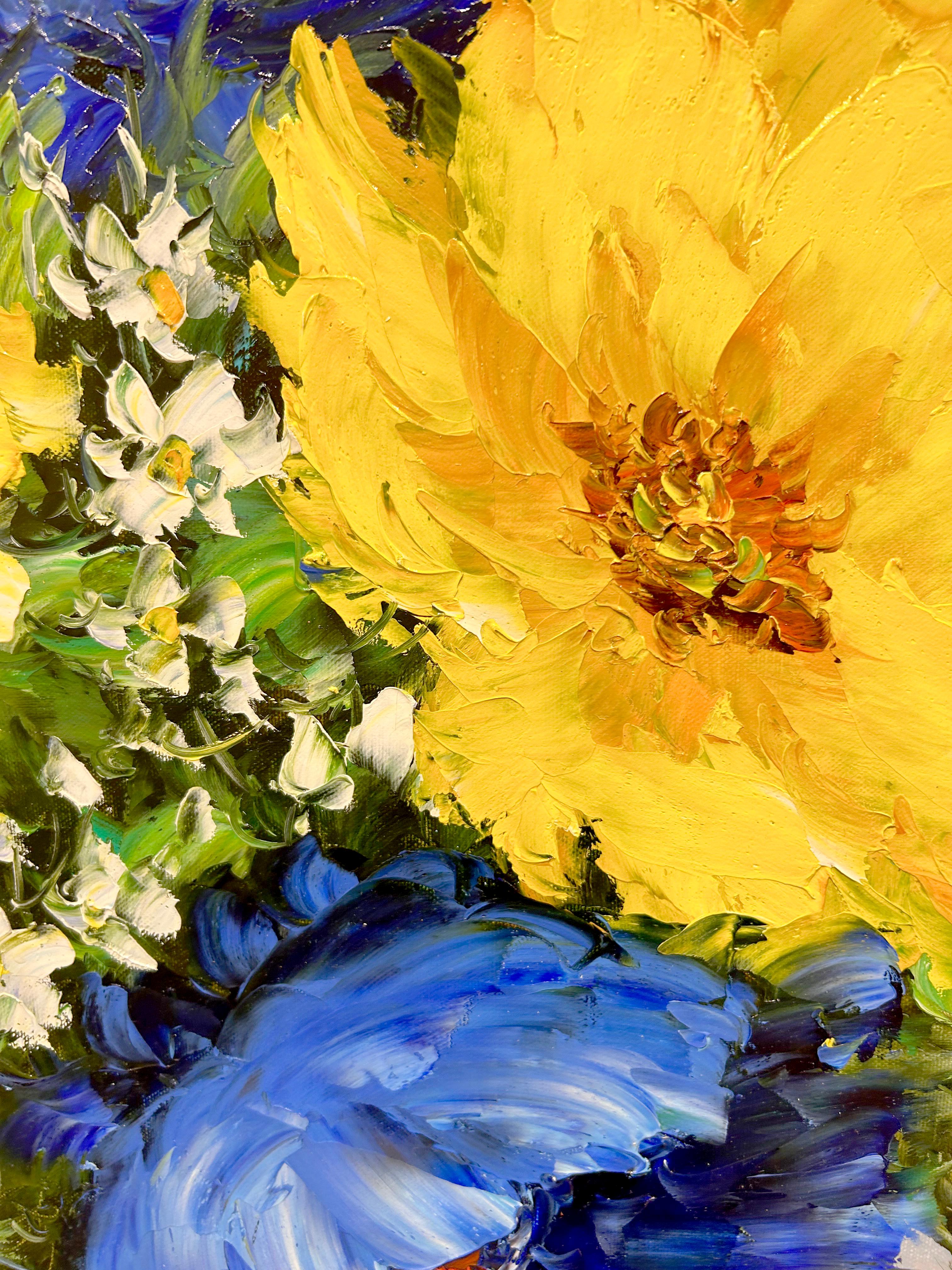 Jamie Lisa, „Blaue und gelbe Mohnblumen“, 36x36, impressionistisches geblümtes Ölgemälde  im Angebot 5