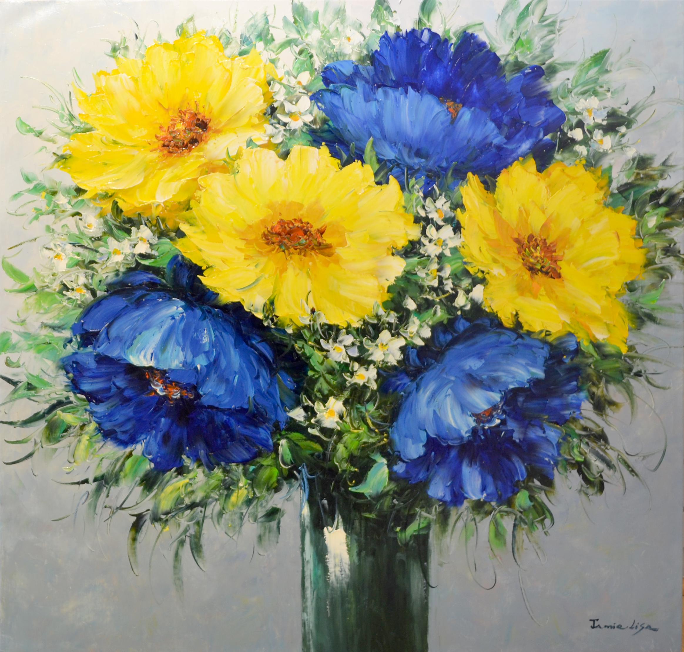 This piece "Blue and Yellow Poppies" is a 36x36 original oil painting on canvas by artist Jamie Lisa. Feature is a still life painting  of a floral spray of blue and yellow poppies. Lisa's technique creates a vibrant impressionistic style with thick