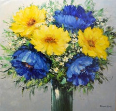 Jamie Lisa, "Amapolas azules y amarillas" 36x36 Pintura al óleo floral impresionista