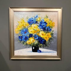 Jamie Lisa, "Blue Bouquet", 36x36 Impressionistic Floral Still Life Oil Painting