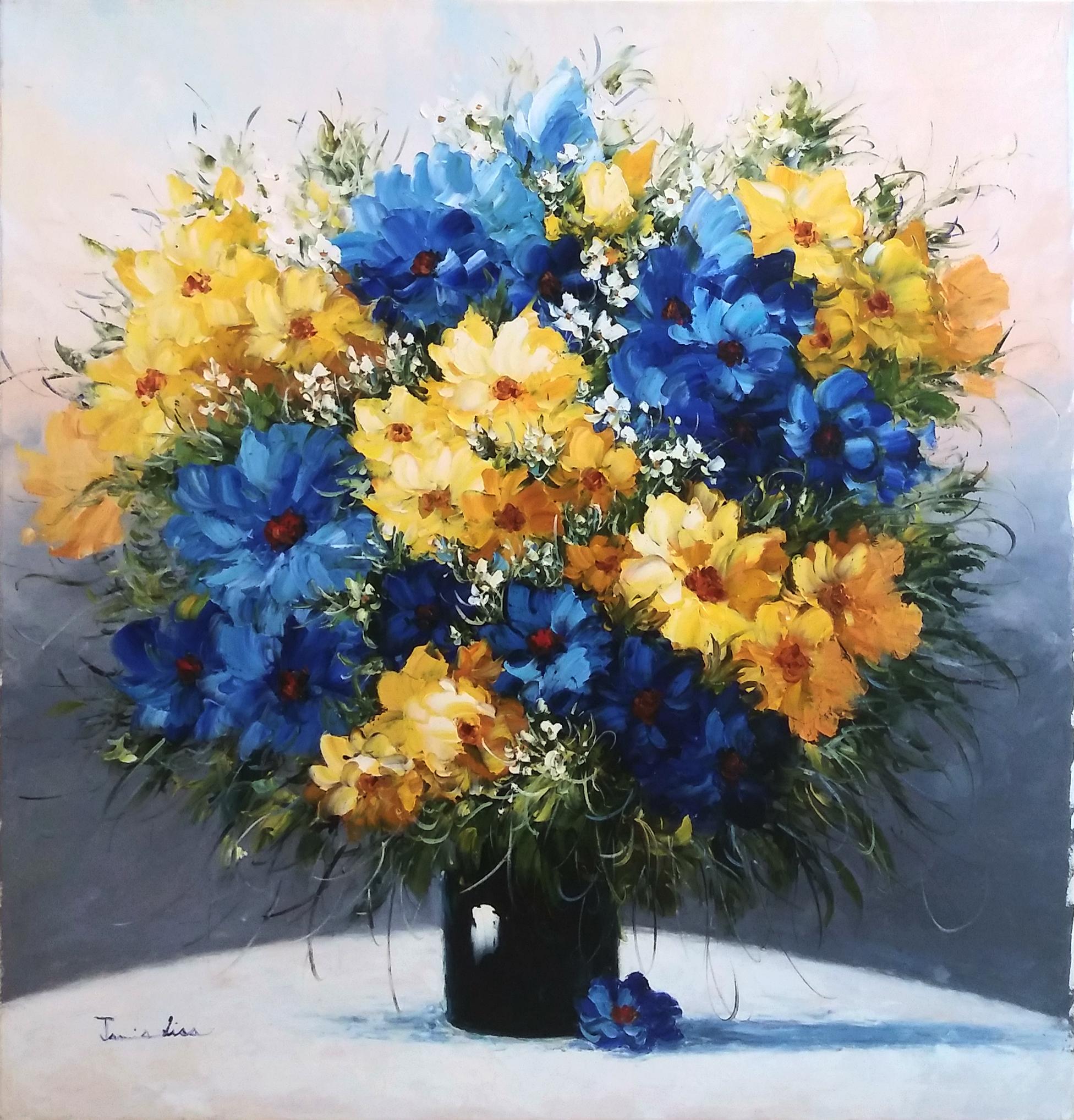 Jamie Lisa, "Blue Bouquet", 36x36 Impressionistic Floral Still Life Oil Painting