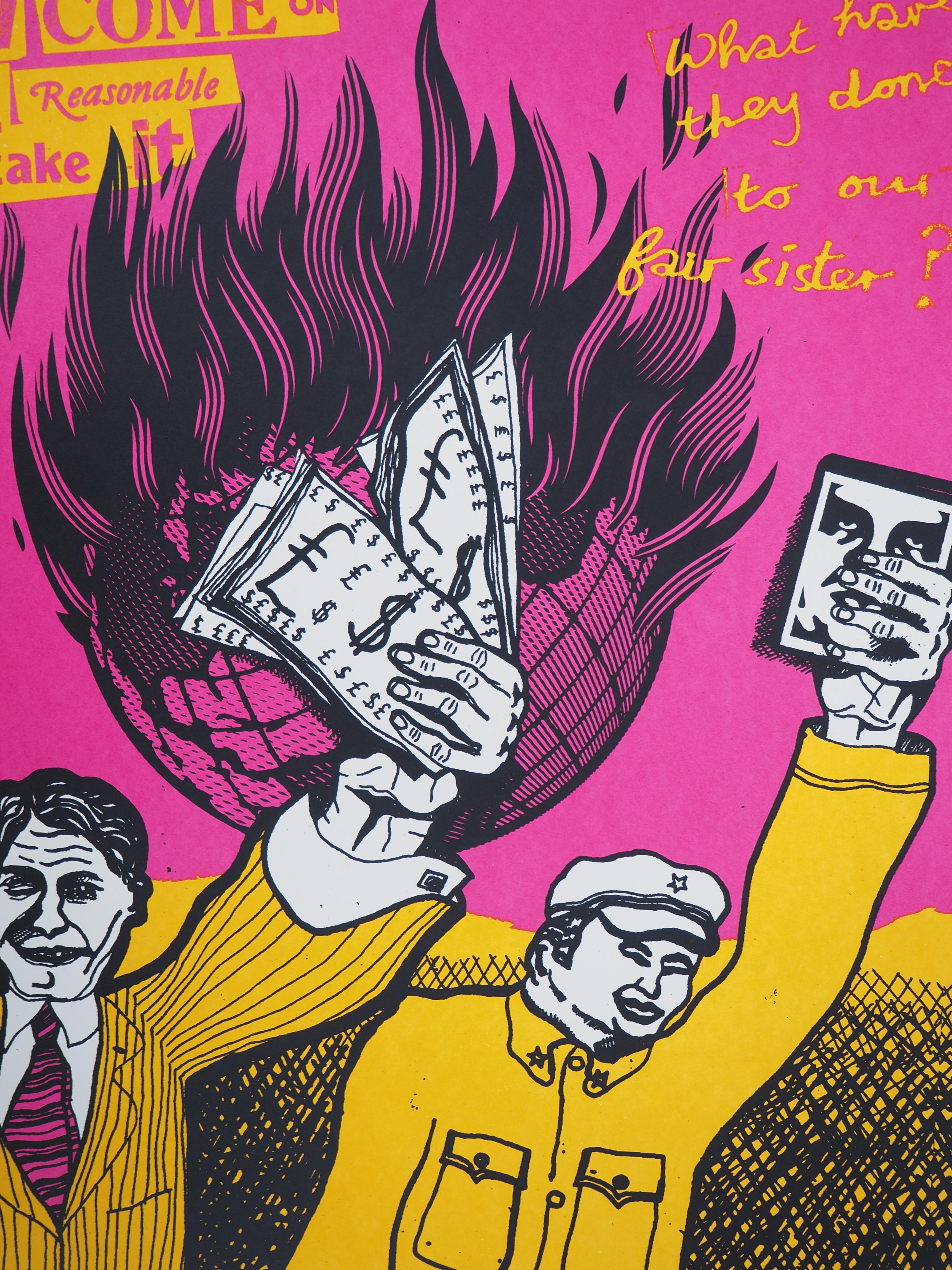 Our Fair Sister - Original Handsigned Screen Print - Beige Figurative Print by Jamie Reid & Shepard Fairey