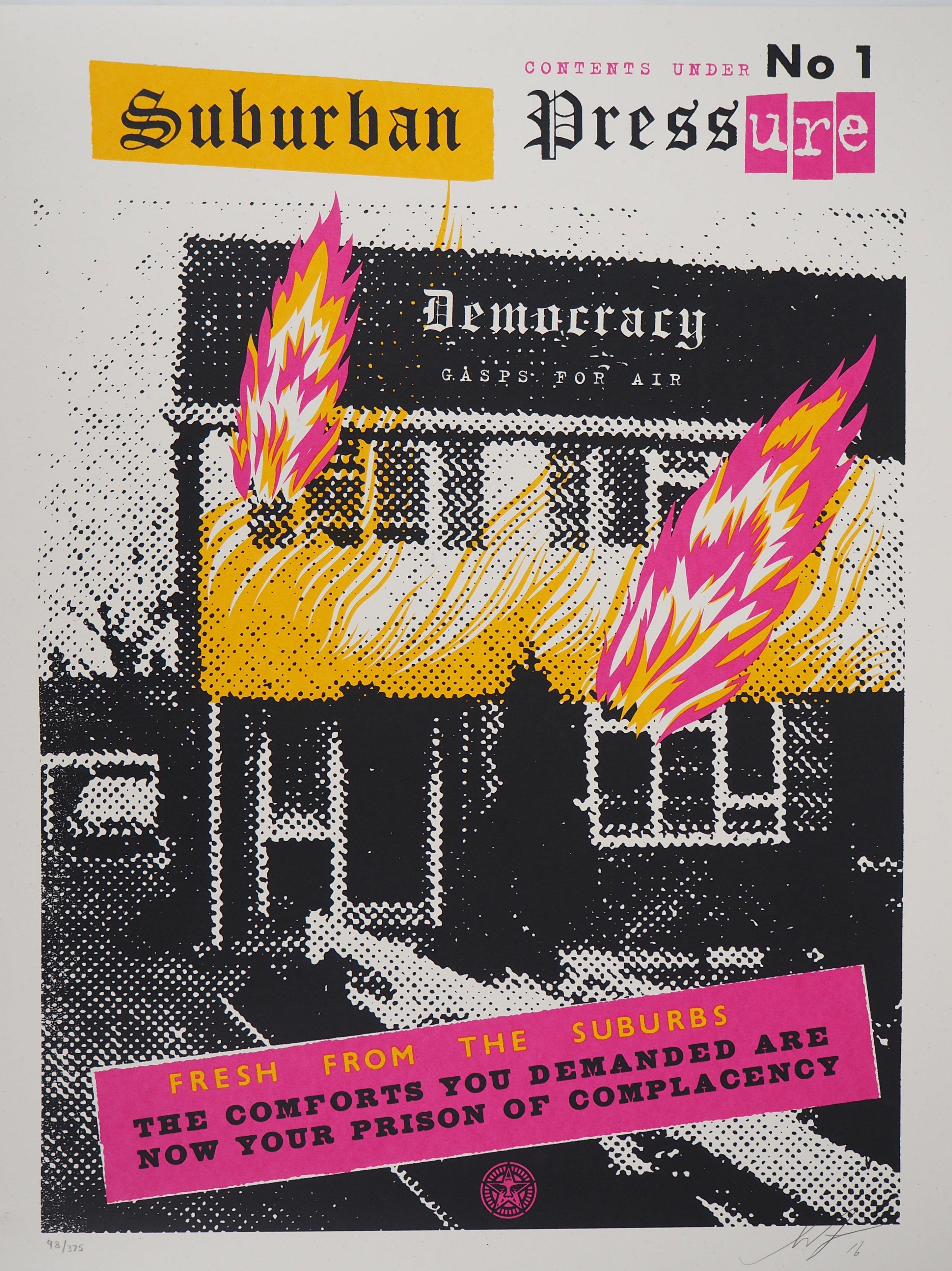 Jamie Reid & Shepard Fairey Figurative Print - Suburban Pressure (Democracy) - Original Handsigned Screen Print