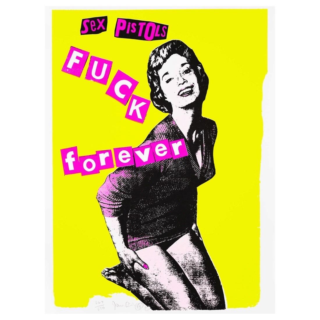Jamie Reid, Fuck Forever Screen Print (Yellow) 1997

Screen print on paper 

Edition of 350

75 x 101 cm  29.52 x 39.76 in 

Hand-signed and numbered by the artist

Original with blind stamp and official Polygram Sex Pistols license stamp.

This