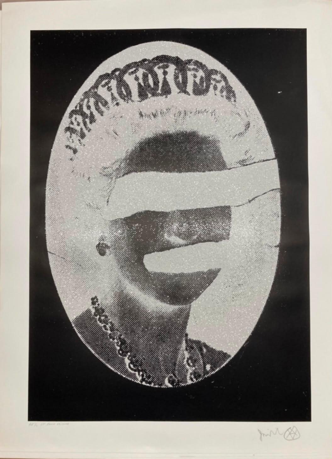 Liberty Queen (Diamond Dust, White on Black (White Border) Signed edition of 10, (2011)

Silkscreen on paper, hand finished with diamond dust

Signed by artist

Signed Edition of 10

(112 x 82)cm x (44.09 x 32.28) inch

Jamie Reid is best known for
