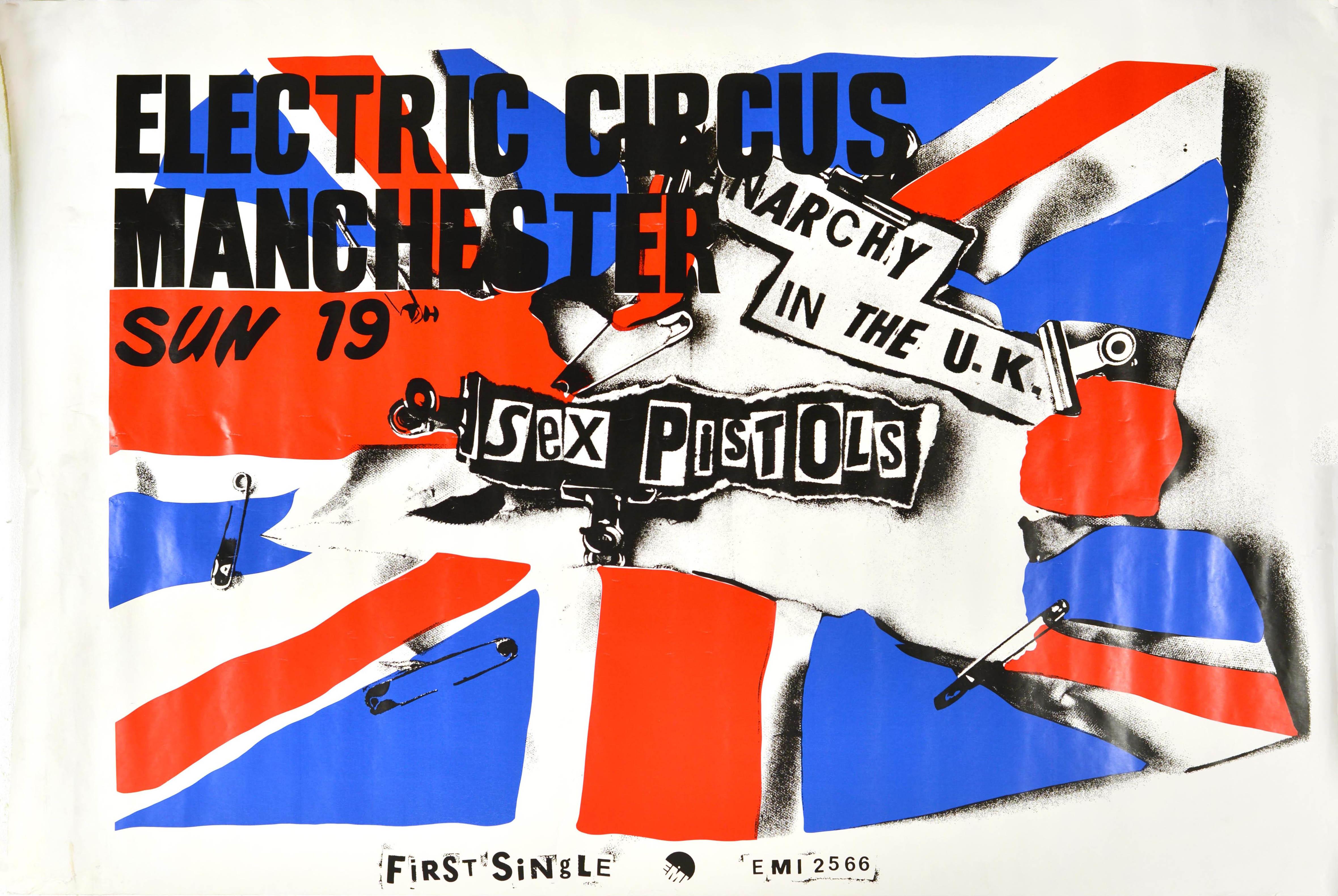 Print Jamie Reid - Affiche publicitaire originale d'un concert de musique vintage « Sex Pistols Anarchy In The UK »