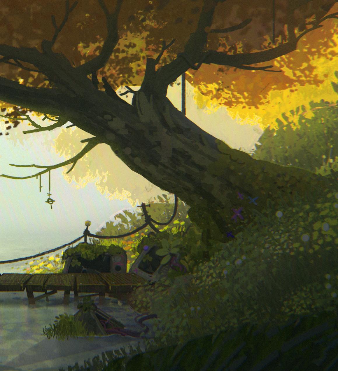 Digital Art Painting Vis Dev Animation 2D/3D Golden Tree Lake Magic Realism 1