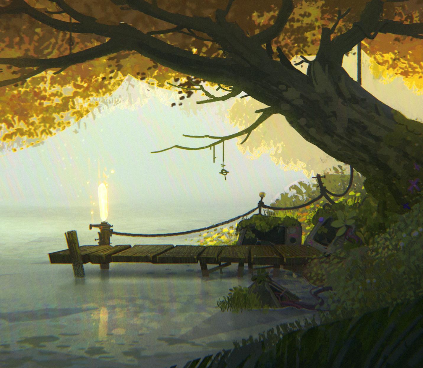 Digital Art Painting Vis Dev Animation 2D/3D Golden Tree Lake Magic Realism 2