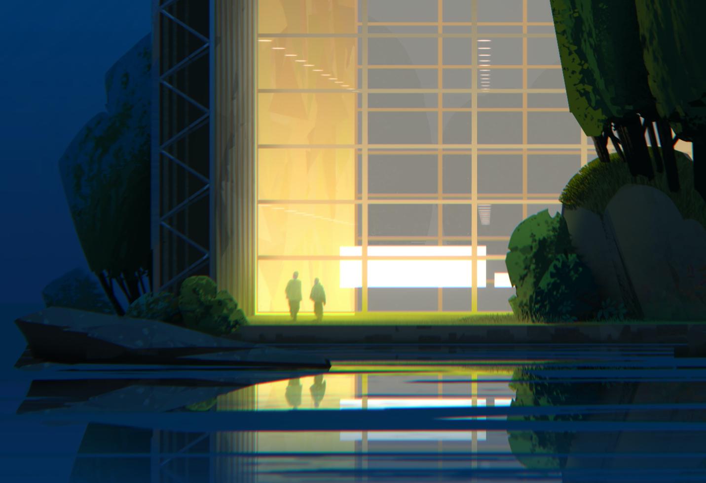 Digital Creator Landscape Painter Animation Blue Lake Trees Architecture - Contemporary Print by jamie williams