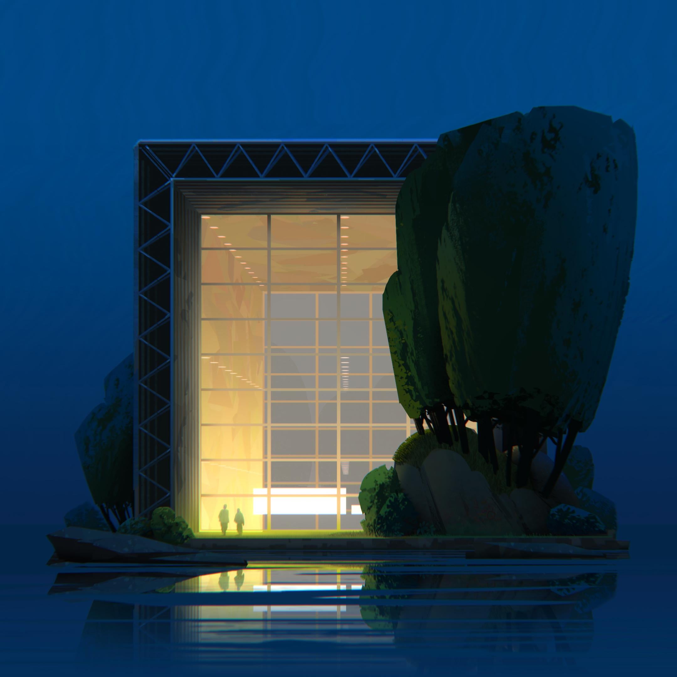 Creador Digital Paisaje Pintor Animación Lago Azul Árboles Arquitectura