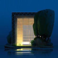 Creador Digital Paisaje Pintor Animación Lago Azul Árboles Arquitectura