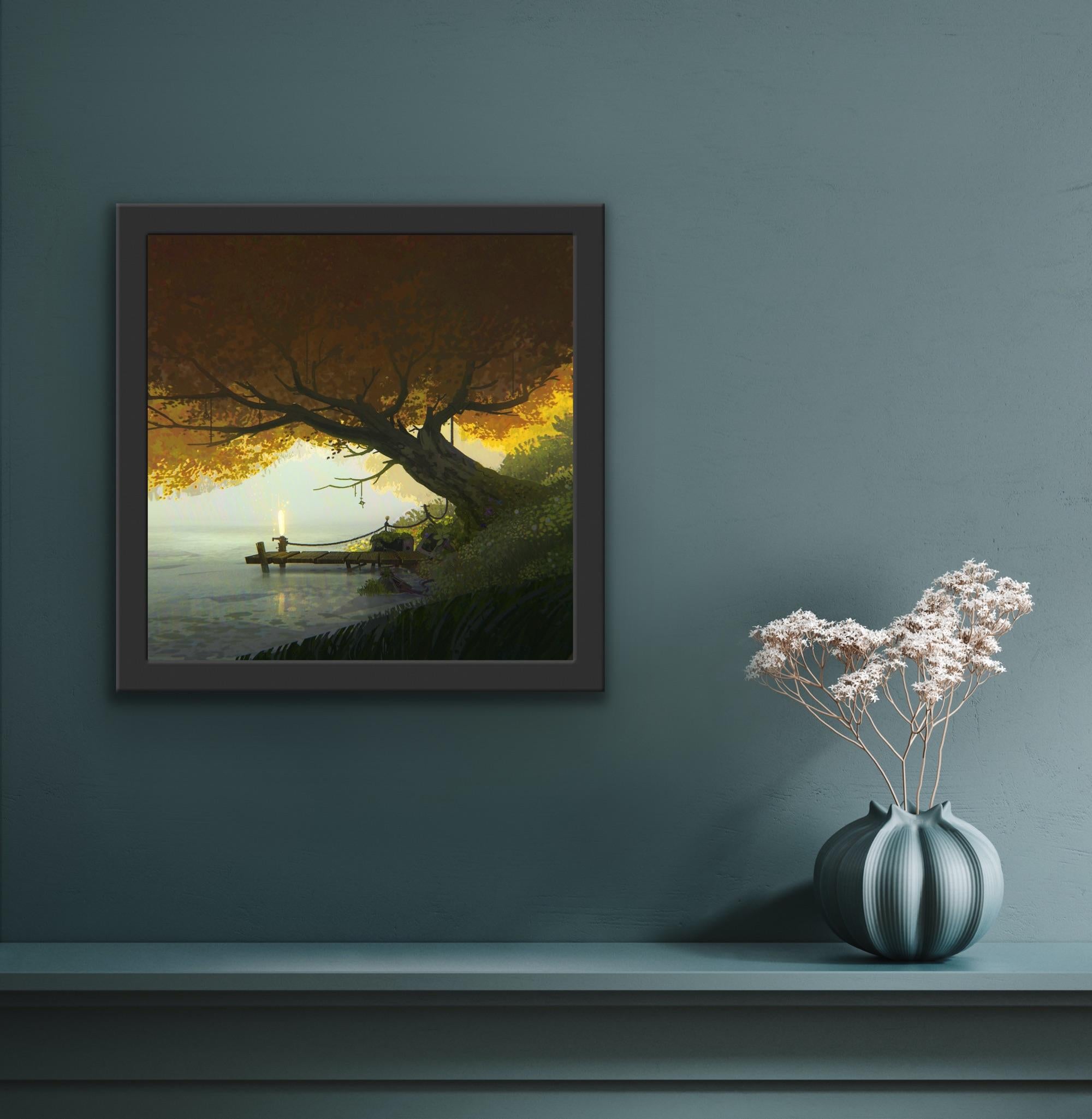 Digital Creator Landscape Painter Animation Golden Tree Magical Realism Light - Black Abstract Print by jamie williams