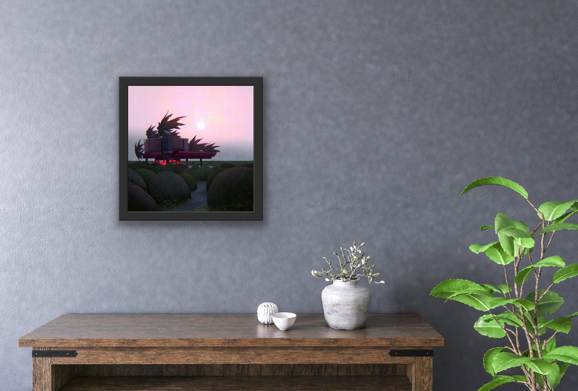 Digitaler kreativer Landschaftsmaler, Animation  Rosa Bäume Magischer Realismus Lights (Schwarz), Landscape Print, von jamie williams