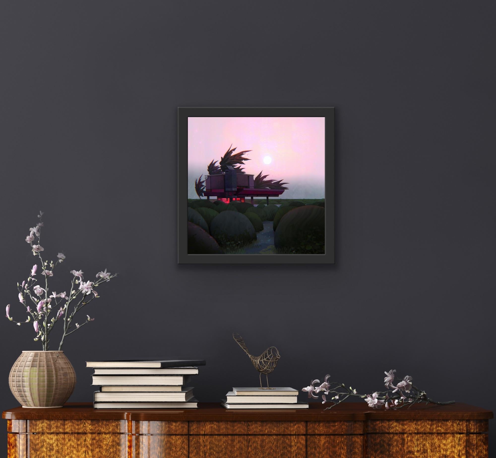 Digitaler kreativer Landschaftsmaler, Animation  Rosa Bäume Magischer Realismus Lights im Angebot 4