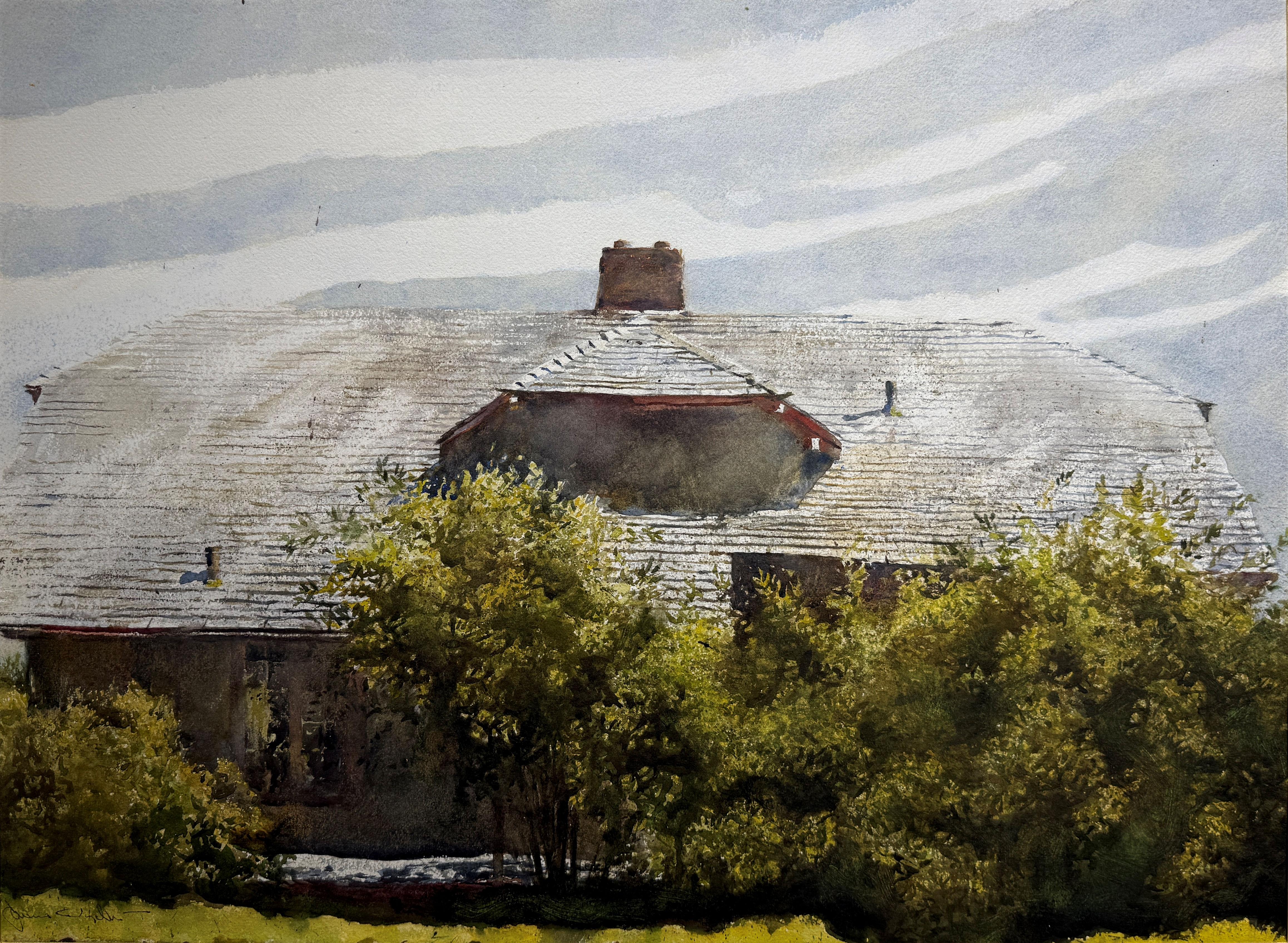 Jamie Wyeth
Maison Corbett, île de Monhegan, Maine, 1973
Signé en bas à gauche
Aquarelle sur papier
20 3/4 x 28 1/2 pouces

La maison décrite dans le présent ouvrage se trouve sur l'île de Monhegan, dans le Maine, et a été construite en 1908. Il se