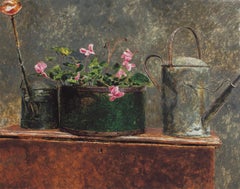 Jamie Wyeth, "Watering Can" limited edition print still life w pink flowers